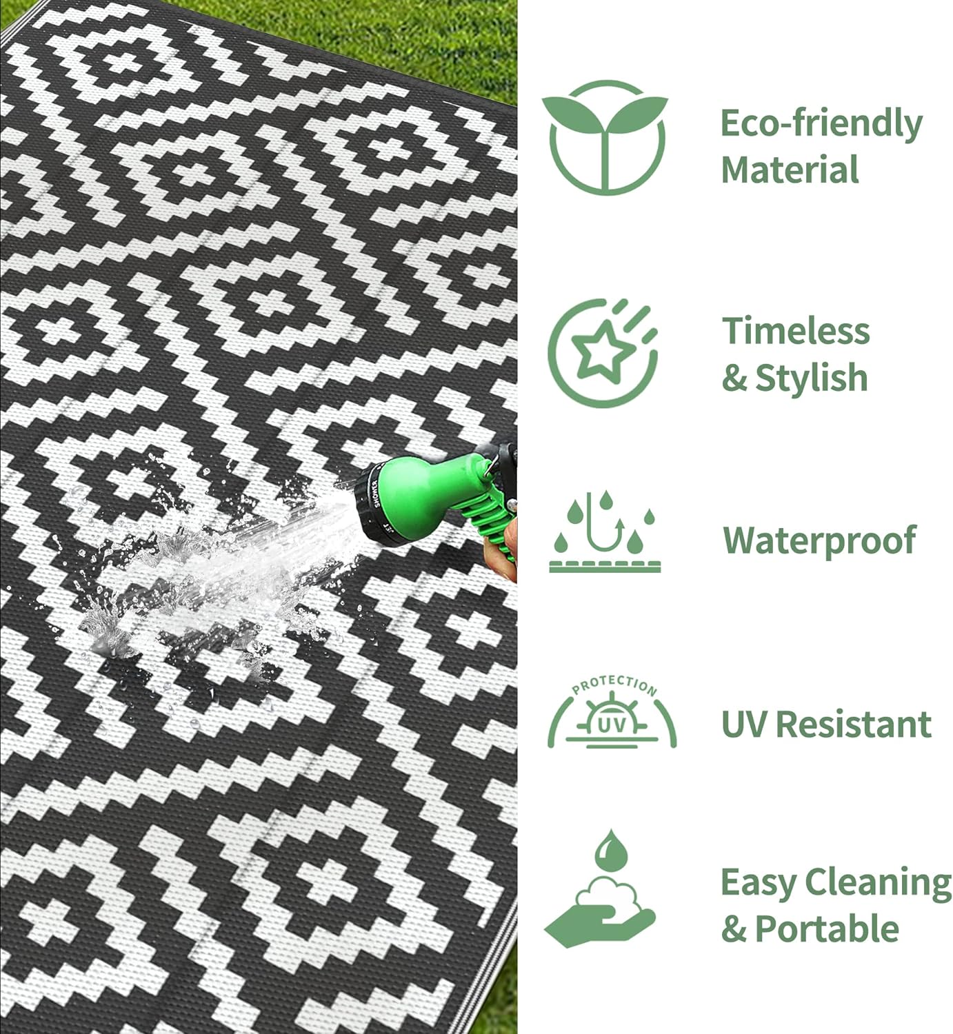 GENIMO Rhombic Printed Double Sided Waterproof Outdoor Rug Black