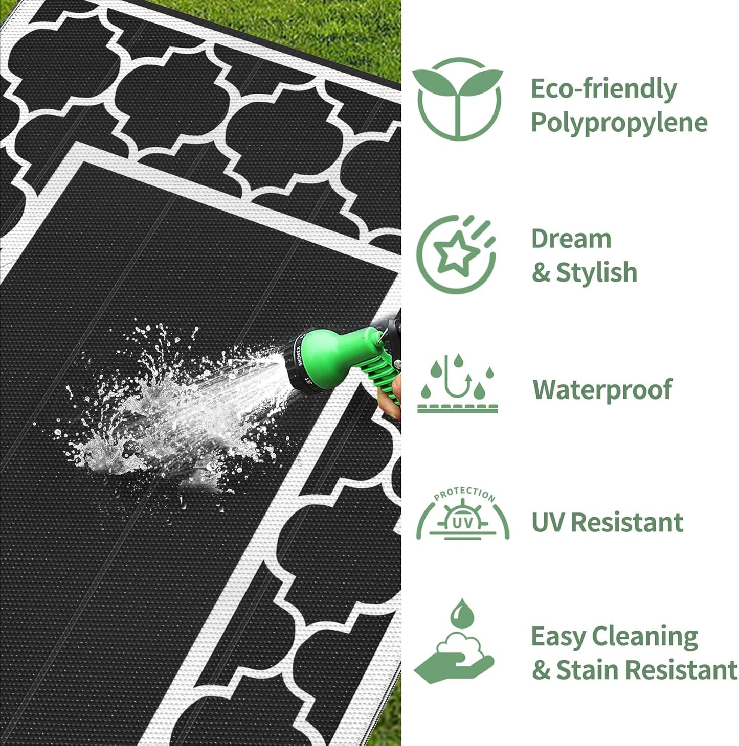 GENIMO Symmetrical Geometric Aesthetic Waterproof Reversible Outdoor Rug Black