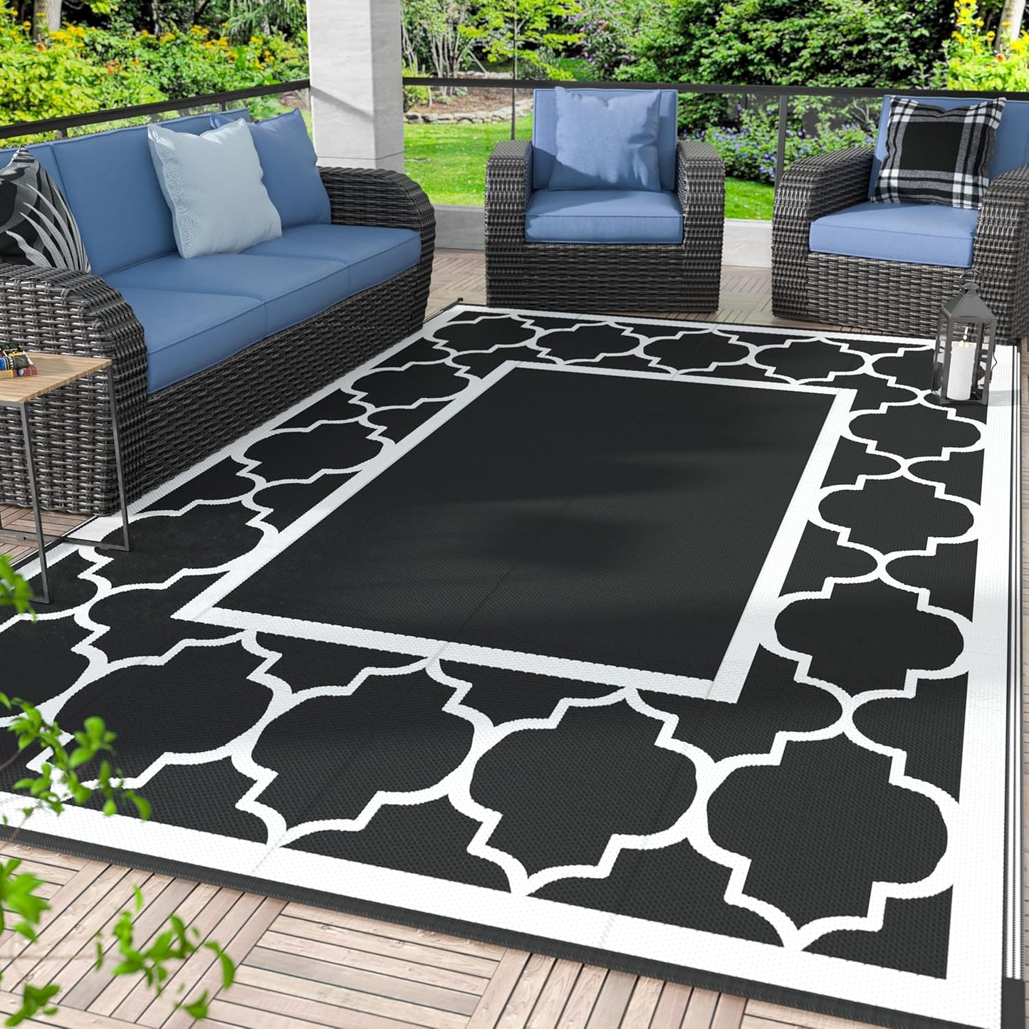 GENIMO Symmetrical Geometric Aesthetic Waterproof Reversible Outdoor Rug Black