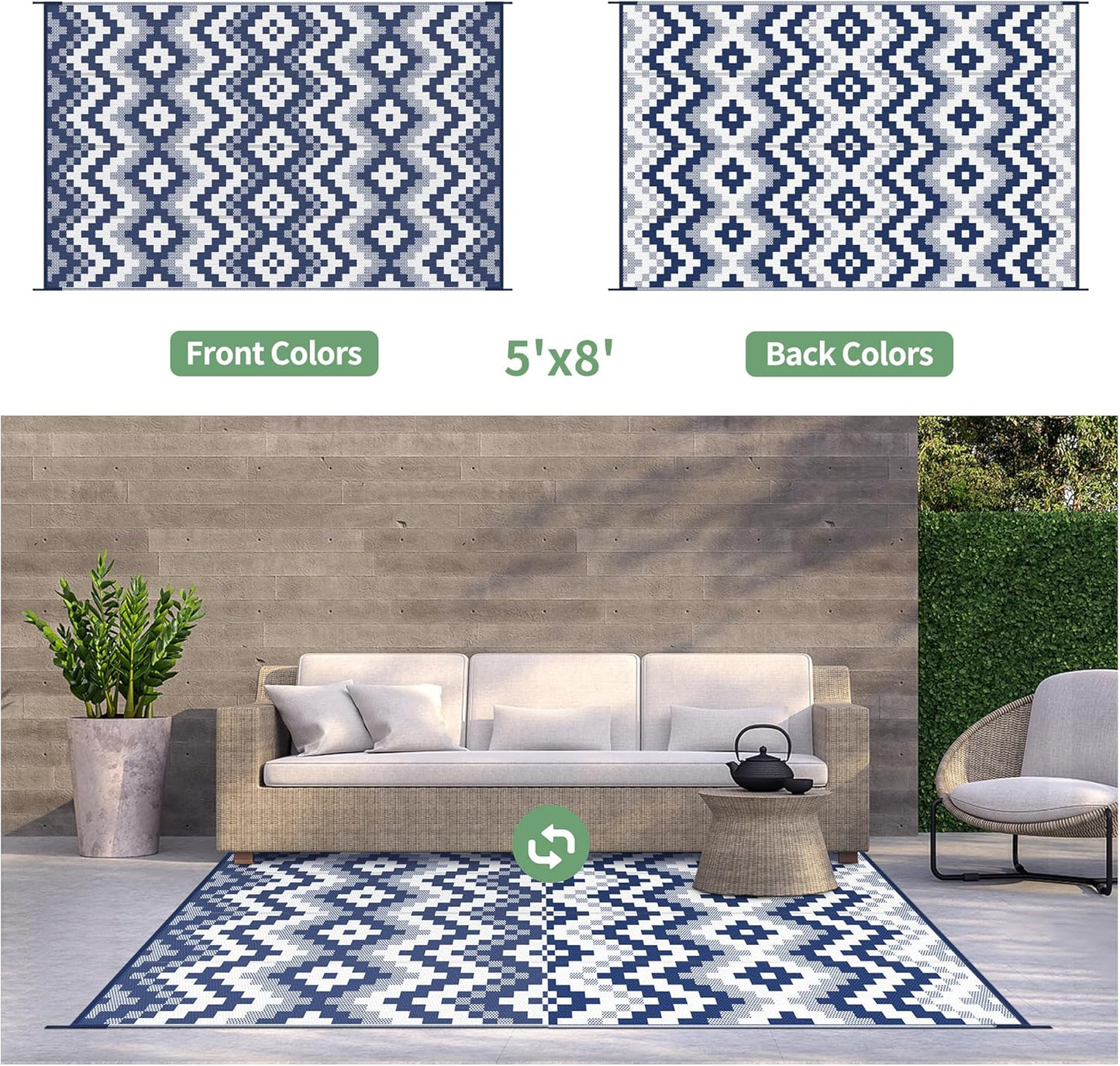 GENIMO Diamond Geometric Print Double Sided Waterproof Outdoor Rug