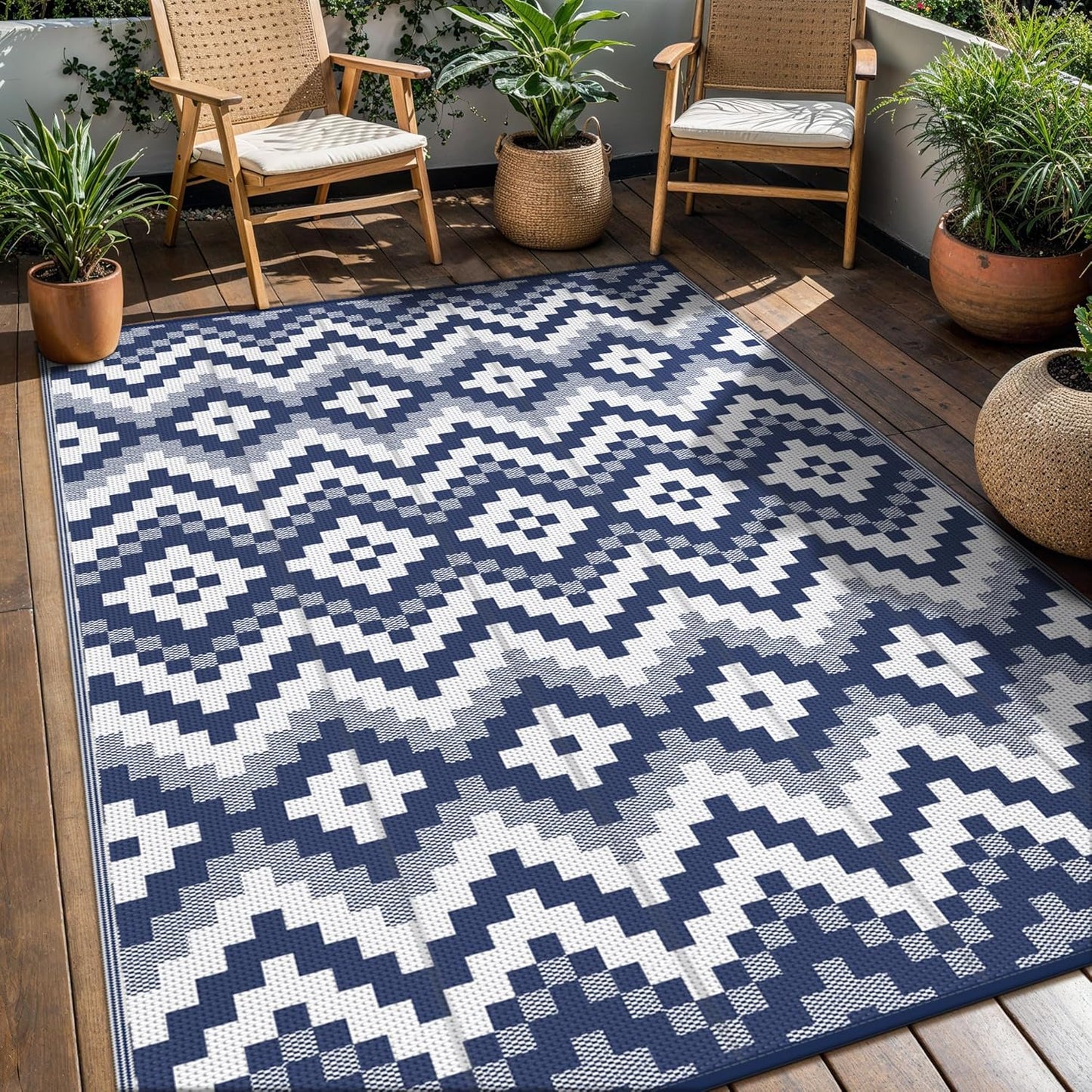 GENIMO Diamond Geometric Print Double Sided Waterproof Outdoor Rug