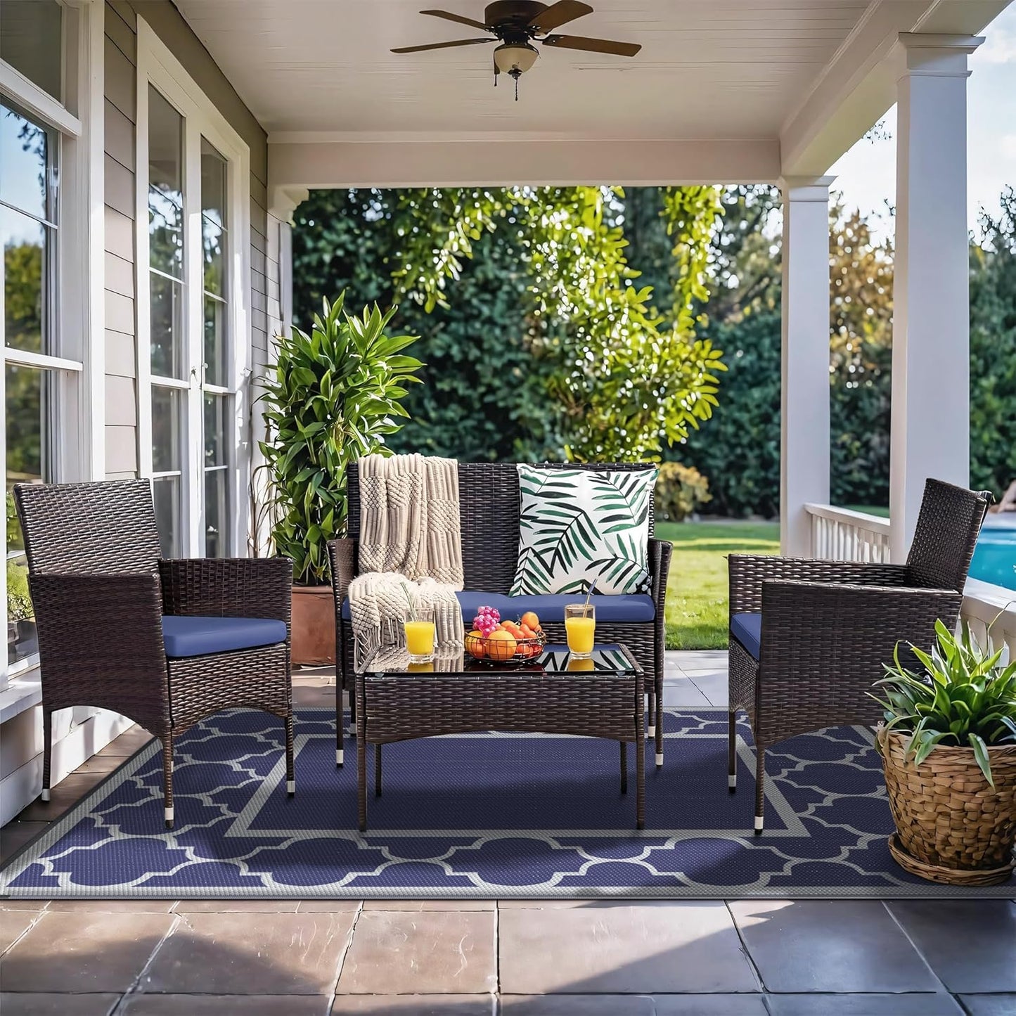 GENIMO Symmetrical Geometric Aesthetic Waterproof Reversible Outdoor Rug Blue