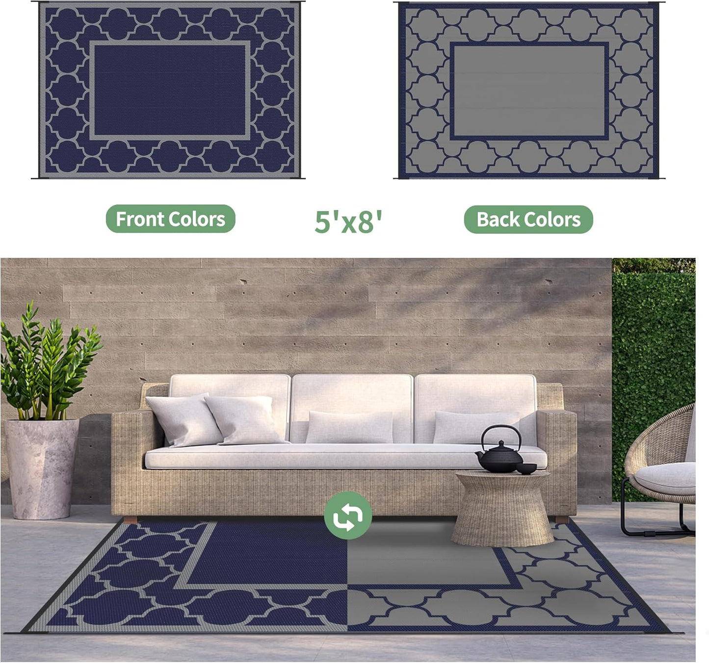 GENIMO Symmetrical Geometric Aesthetic Waterproof Reversible Outdoor Rug Blue