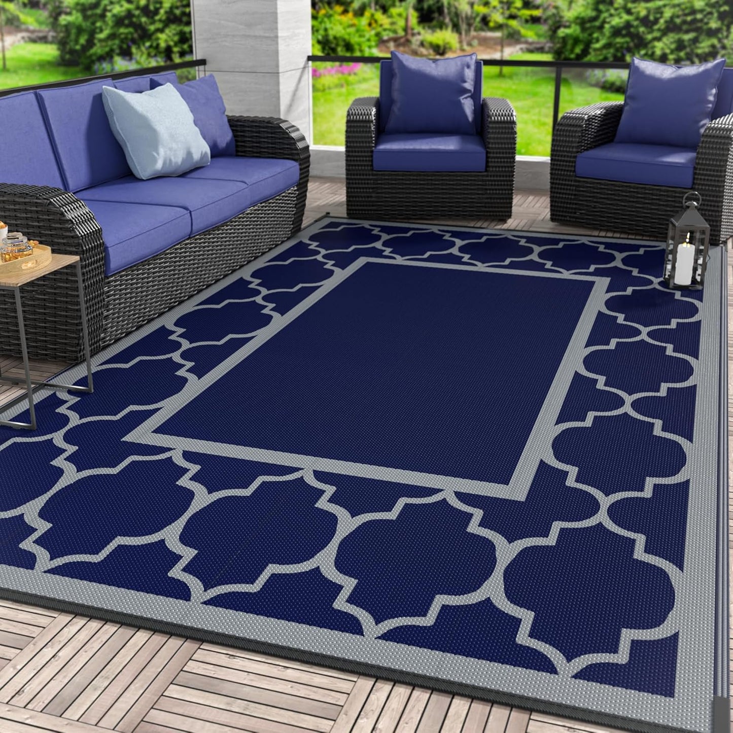 GENIMO Symmetrical Geometric Aesthetic Waterproof Reversible Outdoor Rug Blue
