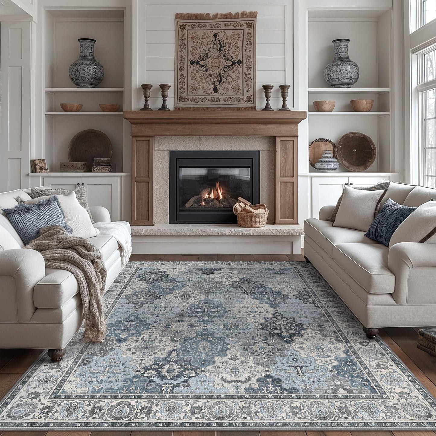 GENIMO Lightweight Vintage Diamond Floral Print Machine Washable Area Rug
