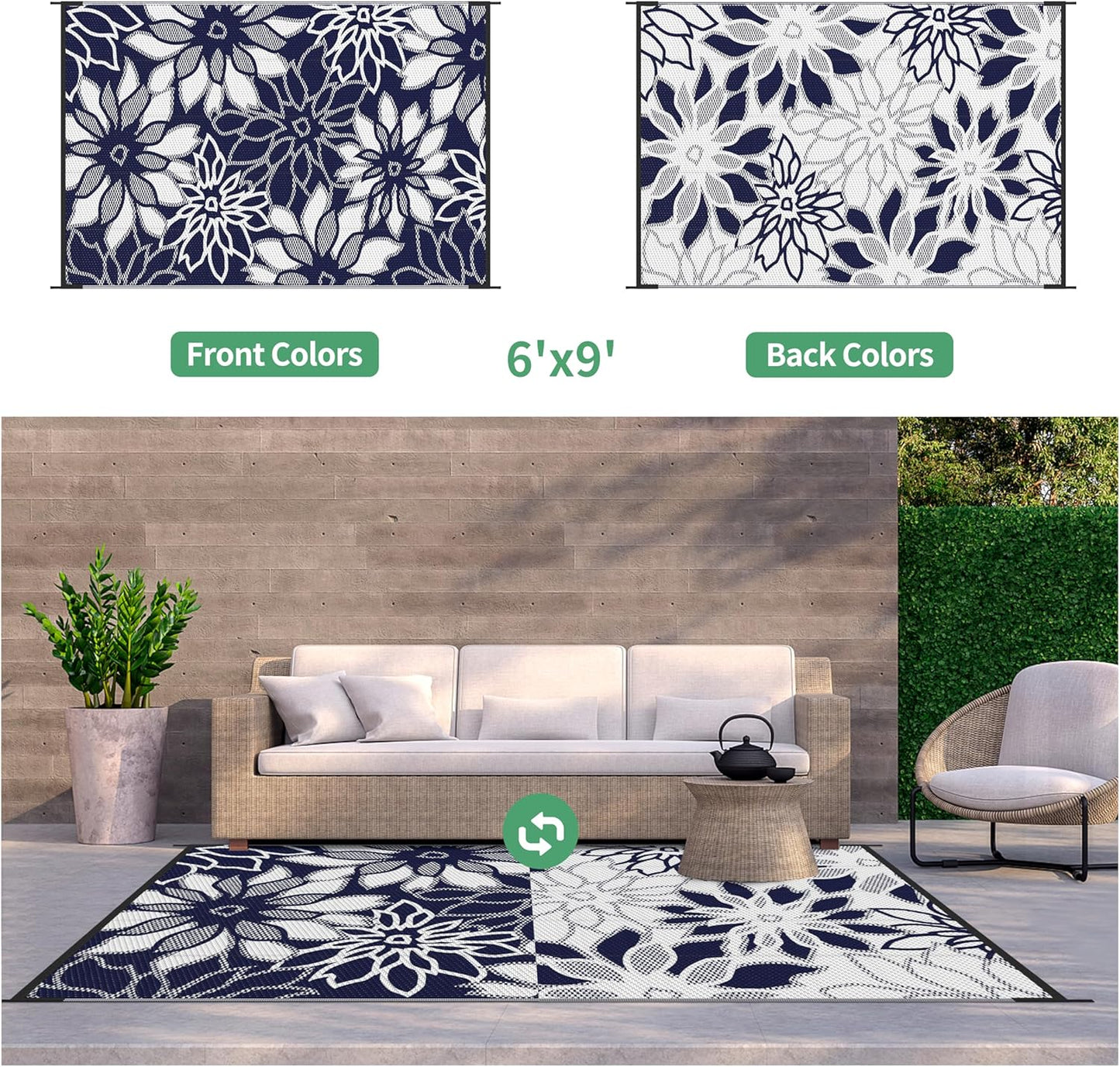 GENIMO Daisy Pattern Reversible Waterproof Outdoor Rug