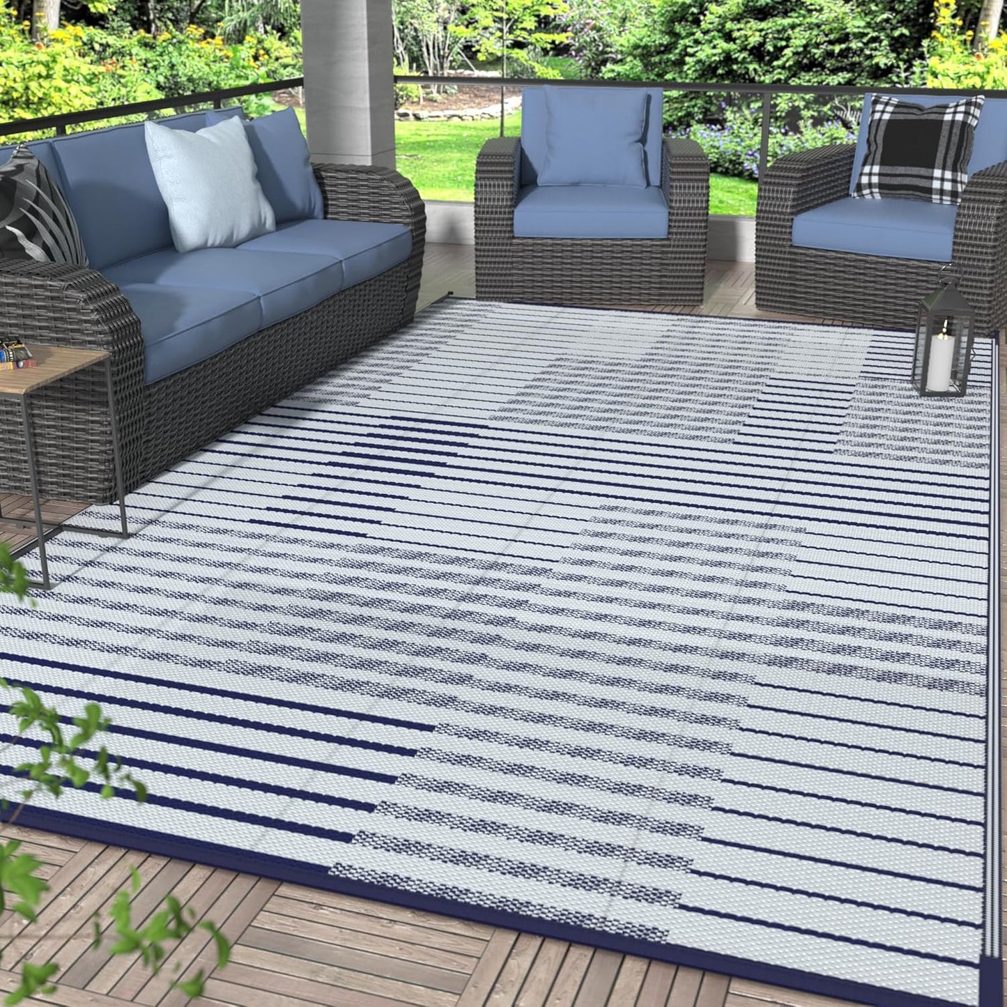 GENIMO Simple Patchwork Stripe Print Double Sided Waterproof Outdoor Rug