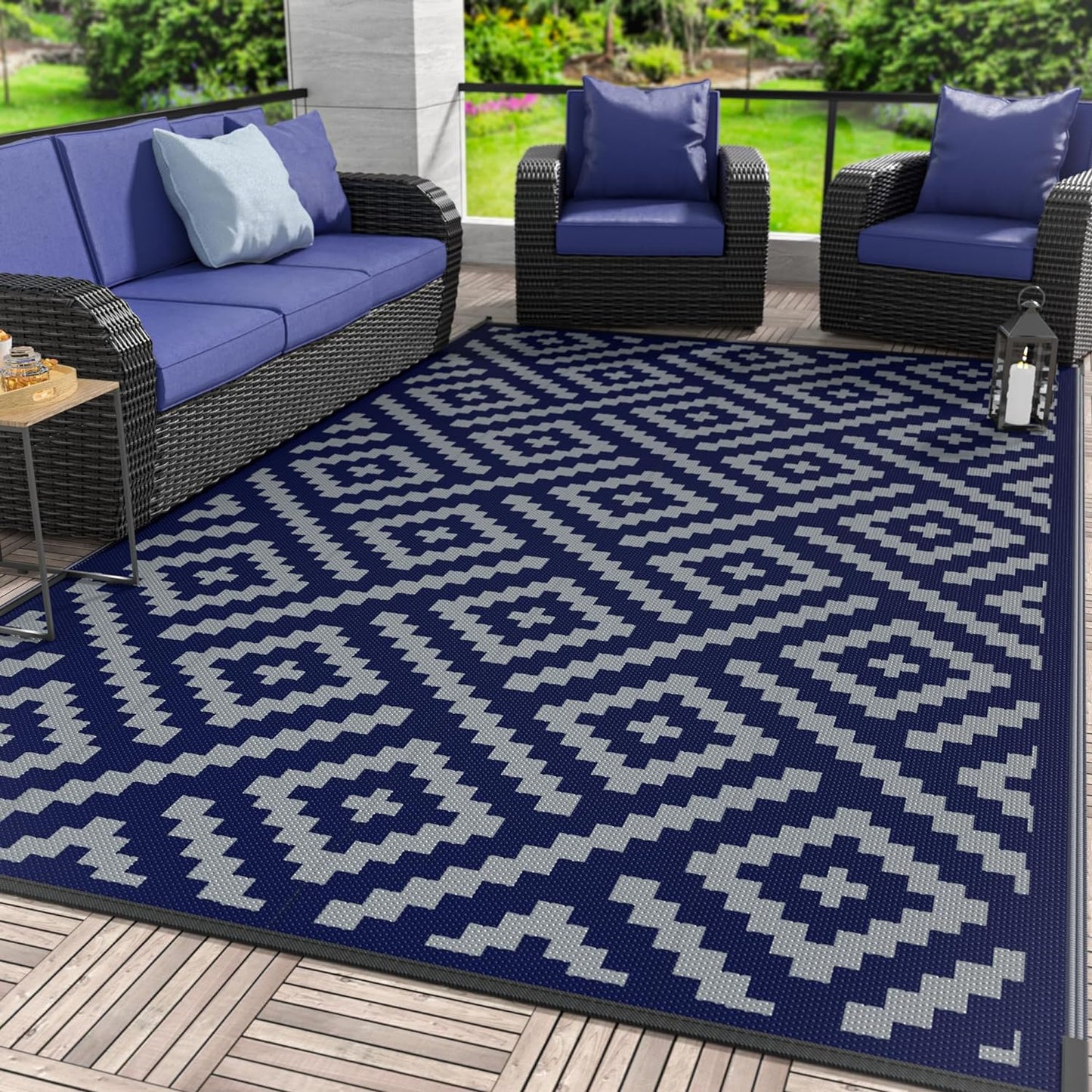 GENIMO Rhombic Printed Double Sided Waterproof Outdoor Rug Blue