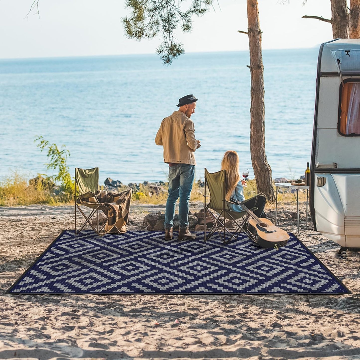 GENIMO Rhombic Printed Double Sided Waterproof Outdoor Rug Blue