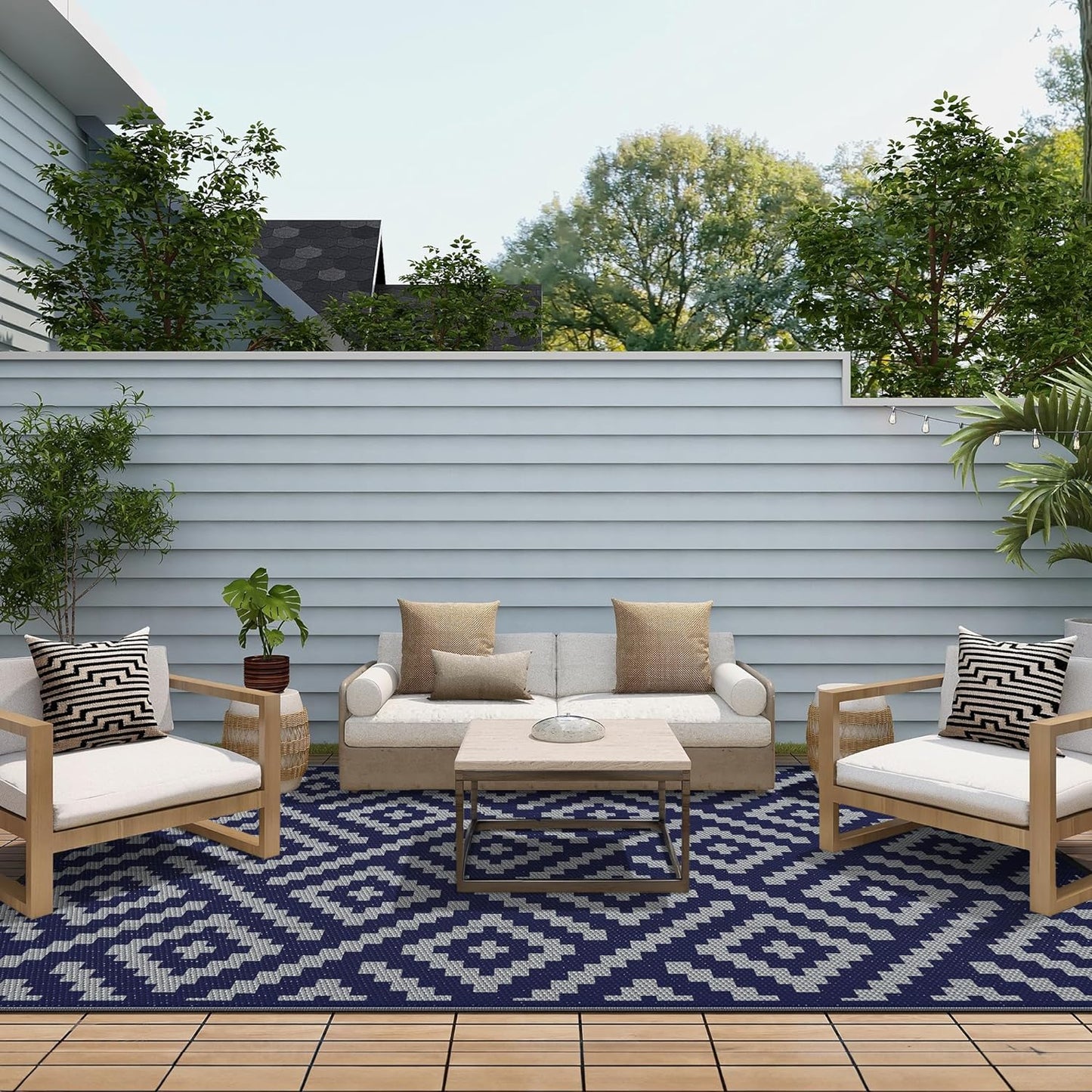 GENIMO Rhombic Printed Double Sided Waterproof Outdoor Rug Blue