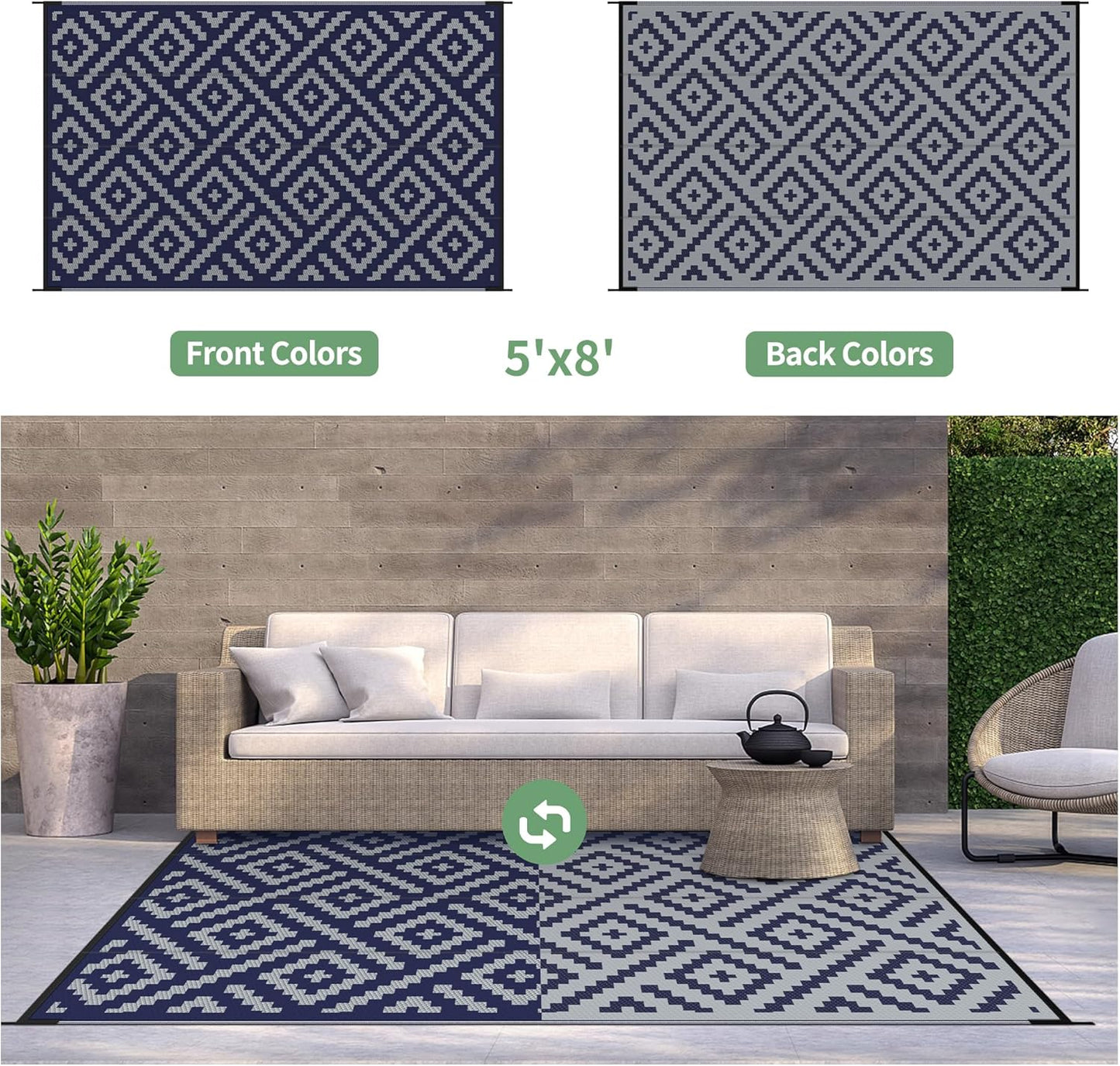 GENIMO Rhombic Printed Double Sided Waterproof Outdoor Rug Blue