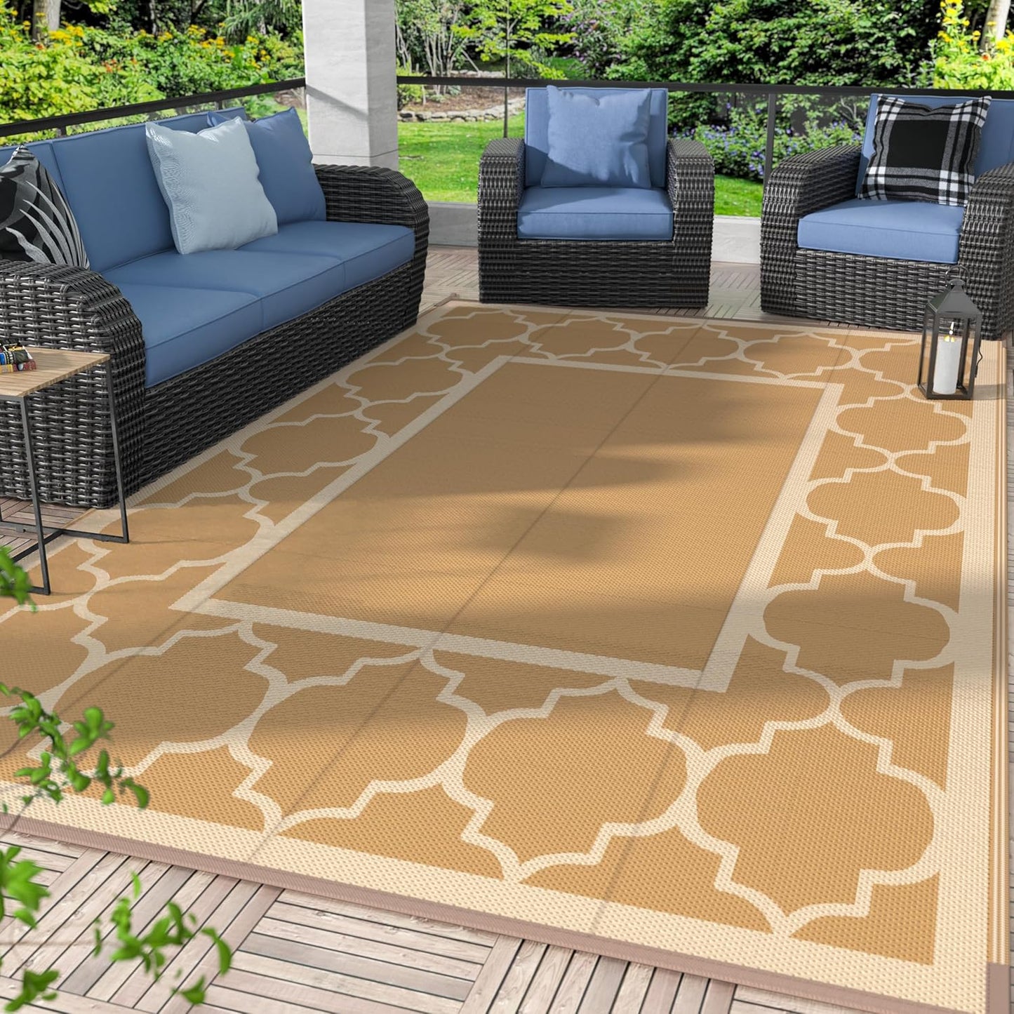 GENIMO Symmetrical Geometric Aesthetic Waterproof Reversible Outdoor Rug Brown