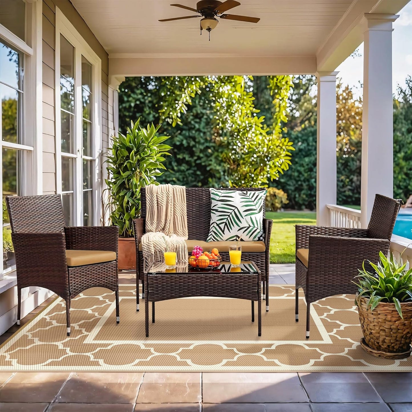 GENIMO Symmetrical Geometric Aesthetic Waterproof Reversible Outdoor Rug Brown