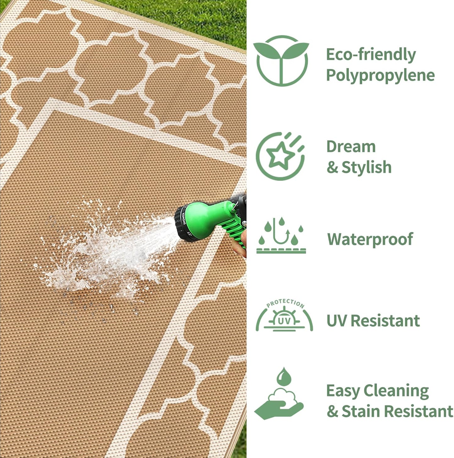 GENIMO Symmetrical Geometric Aesthetic Waterproof Reversible Outdoor Rug Brown
