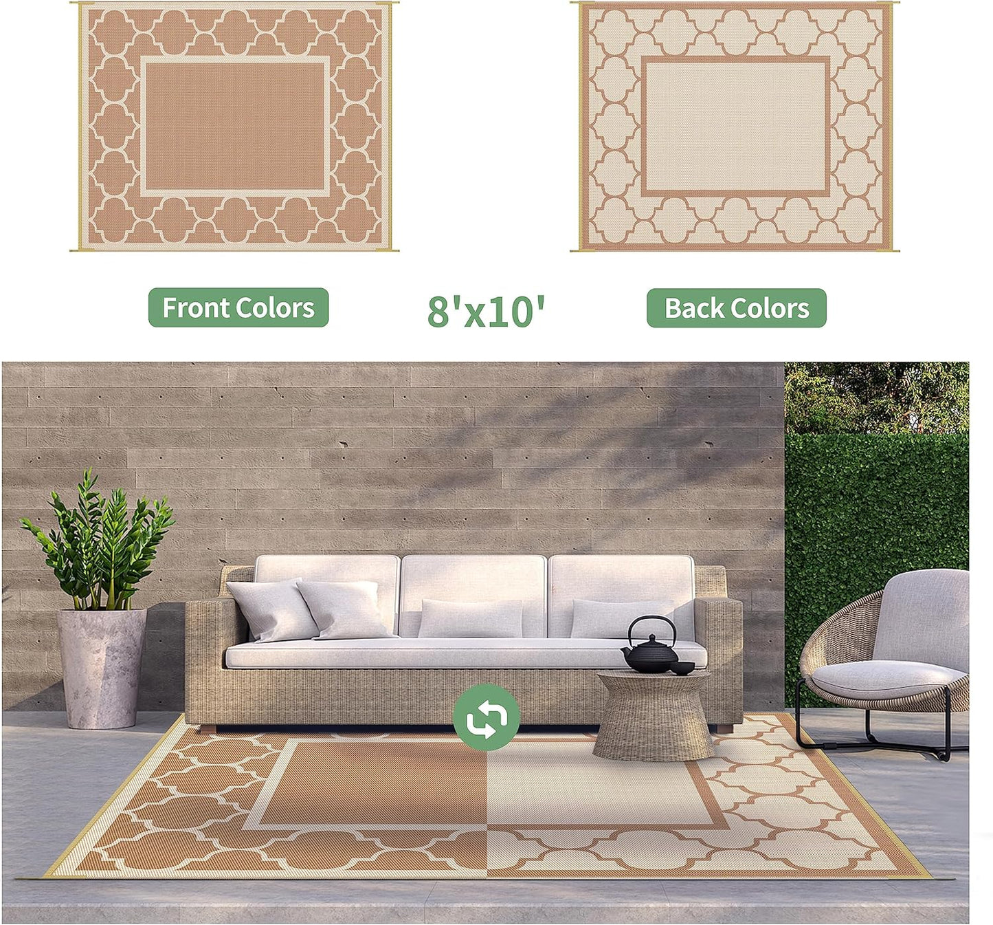 GENIMO Symmetrical Geometric Aesthetic Waterproof Reversible Outdoor Rug Brown