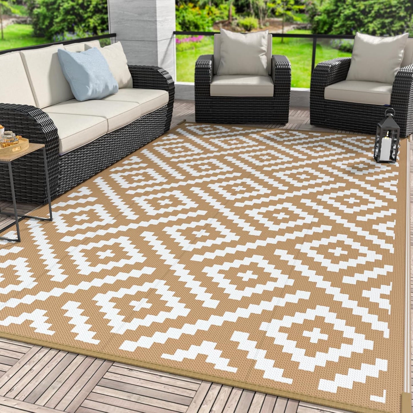 GENIMO Rhombic Printed Double Sided Waterproof Outdoor Rug Brown