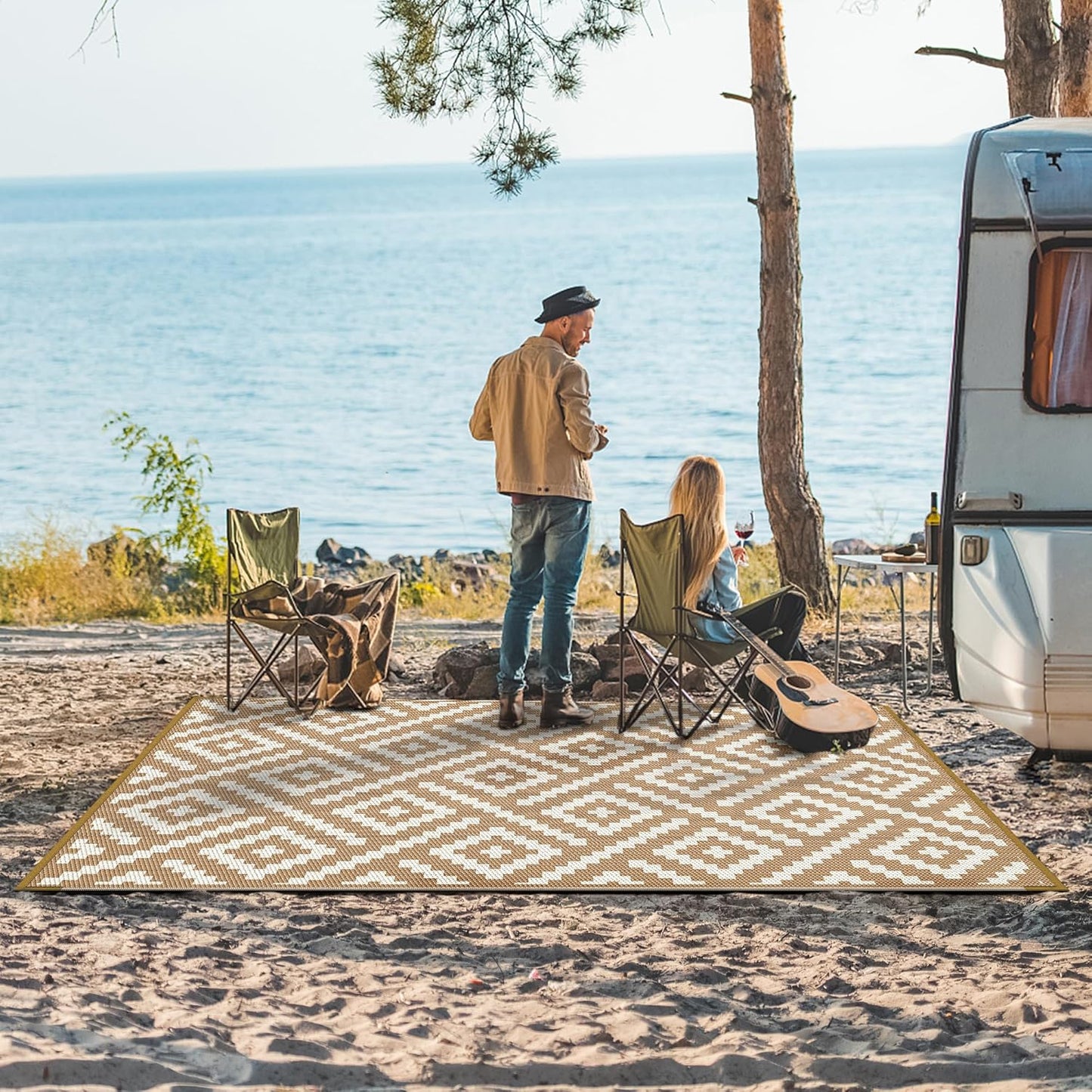GENIMO Rhombic Printed Double Sided Waterproof Outdoor Rug Brown