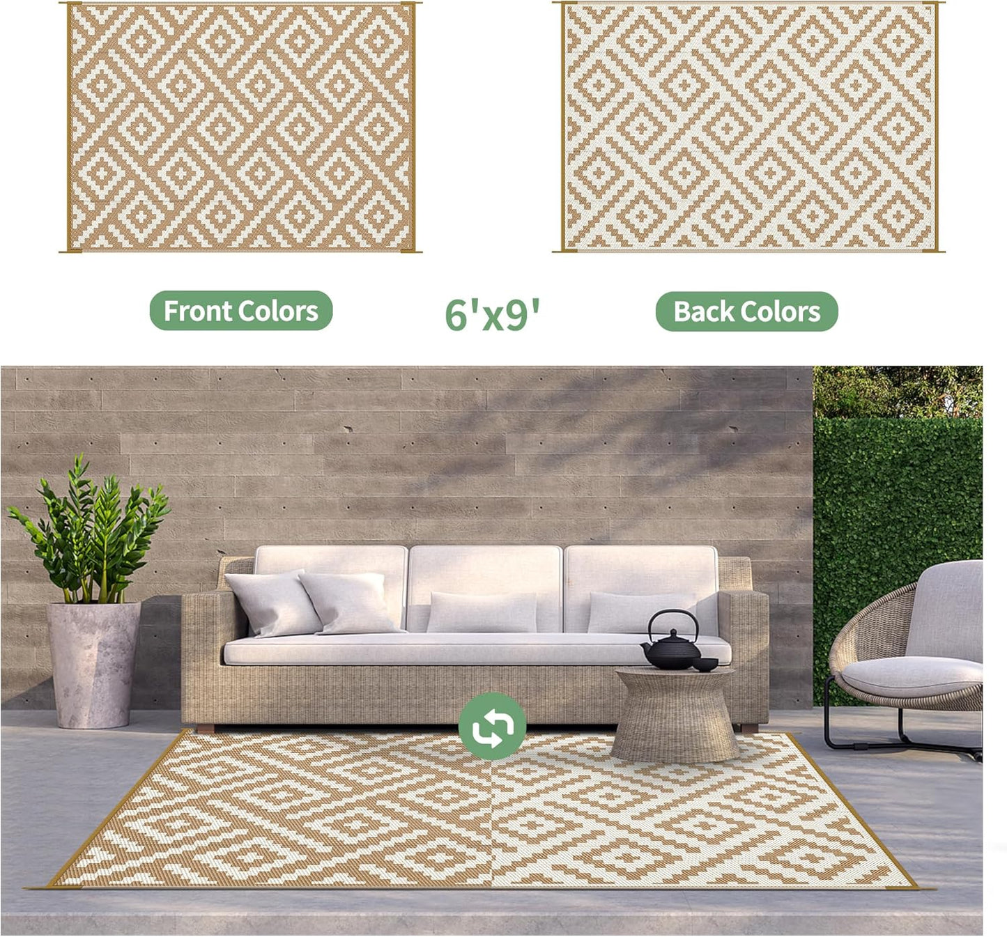 GENIMO Rhombic Printed Double Sided Waterproof Outdoor Rug Brown
