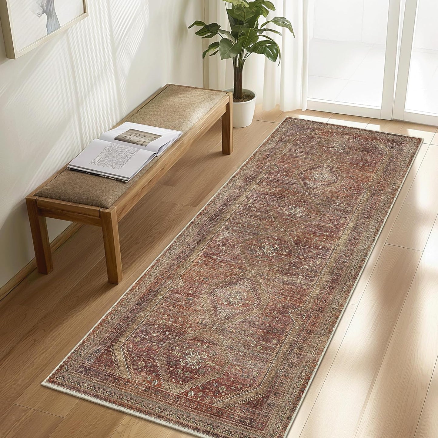 GENIMO Machine Washable Runner Rug Non Slip Carpet with Gripper Brown