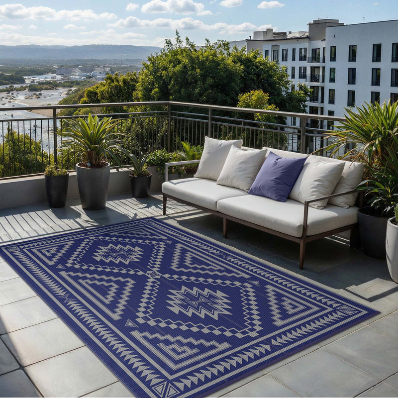 Calvex Diamond Geometric Reversible Outdoor Rug Blue Gray designed for apartment balcony decoration