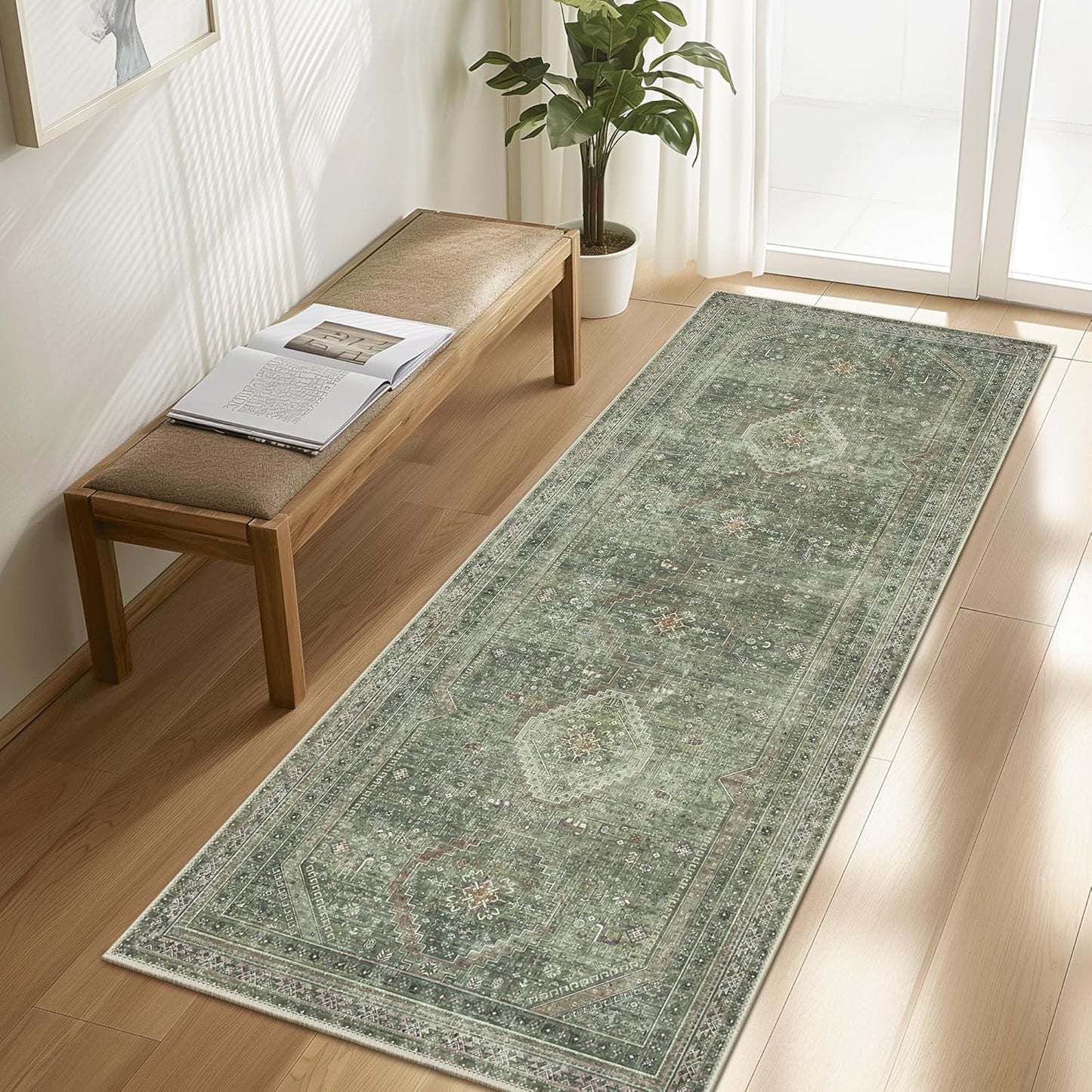 GENIMO Machine Washable Runner Rug Non Slip Carpet with Gripper Green/Blue