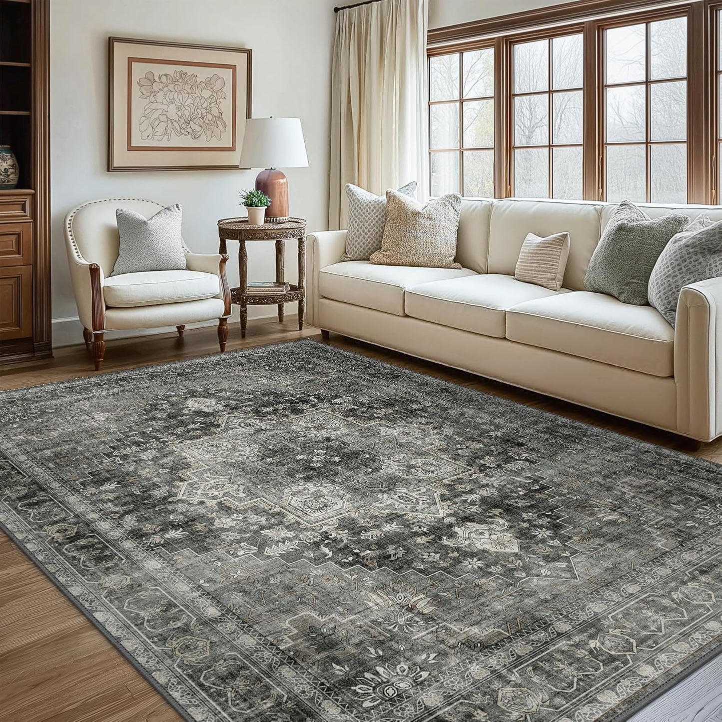 GENIMO Vintage Aged Floral Print Low Pile Area Rug