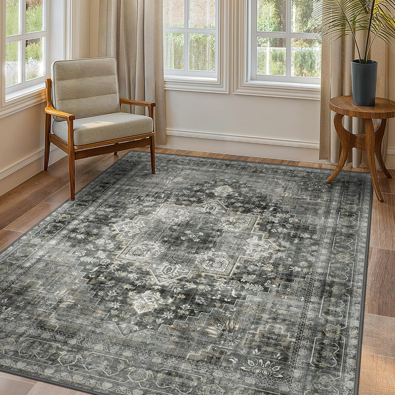 Raveen Washable Vintage Aged Floral Rug placed on hardwood floor in living room with mid-century chair and side table
