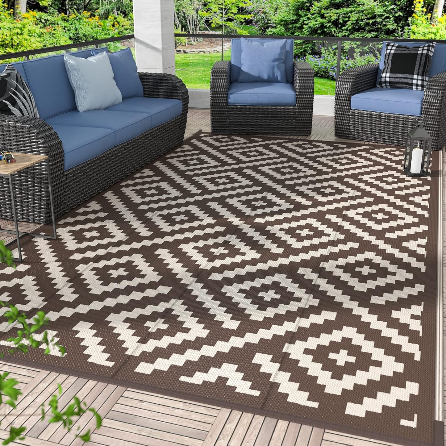 GENIMO Rhombic Printed Double Sided Waterproof Outdoor Rug Brown
