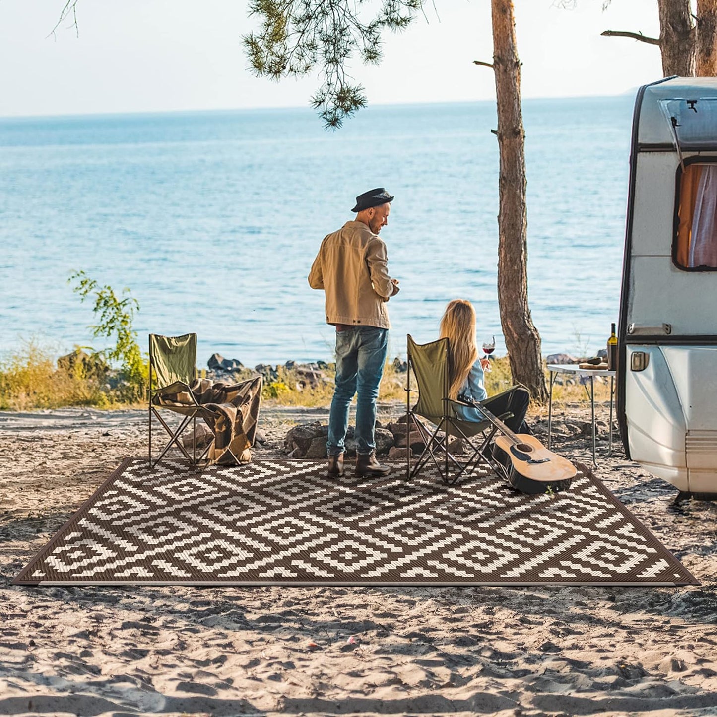 GENIMO Rhombic Printed Double Sided Waterproof Outdoor Rug Brown