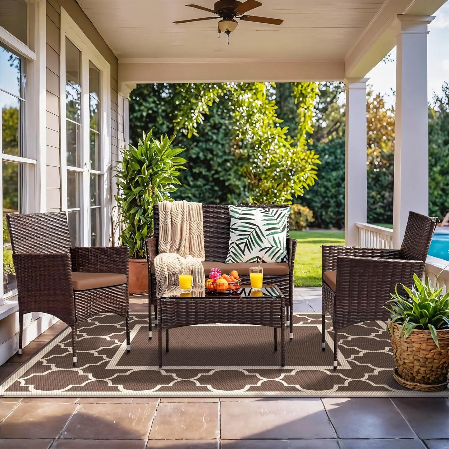 GENIMO Symmetrical Geometric Aesthetic Waterproof Reversible Outdoor Rug Brown