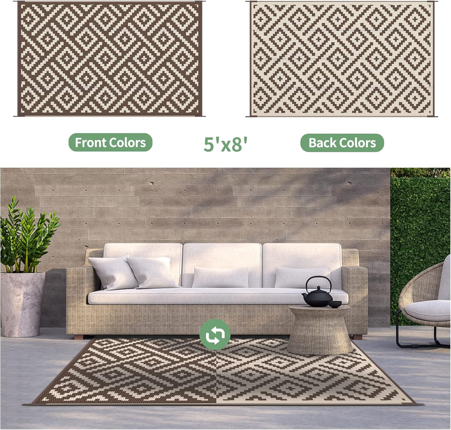 GENIMO Rhombic Printed Double Sided Waterproof Outdoor Rug Brown