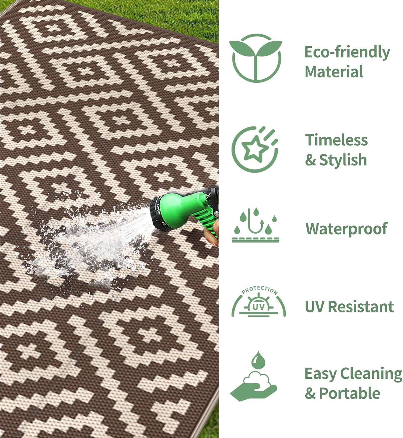 GENIMO Rhombic Printed Double Sided Waterproof Outdoor Rug Brown