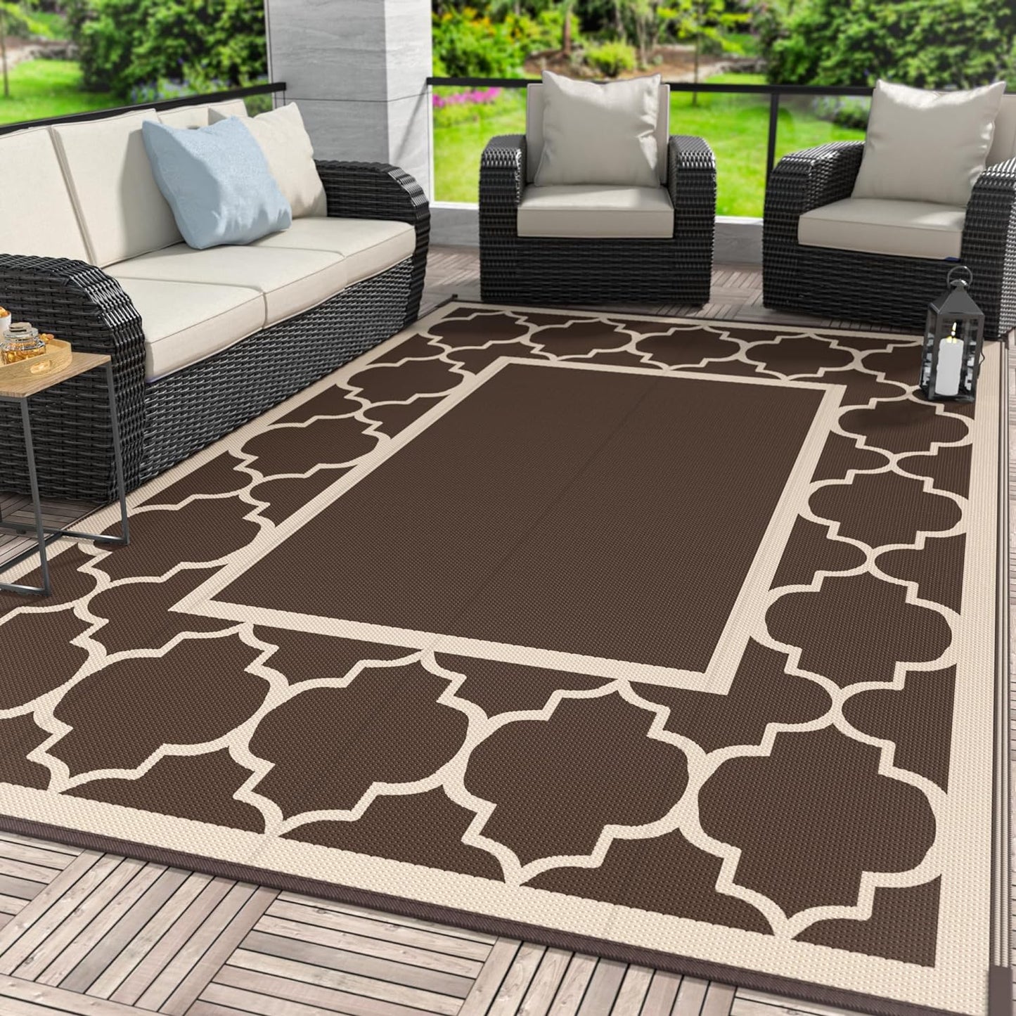 GENIMO Symmetrical Geometric Aesthetic Waterproof Reversible Outdoor Rug Brown