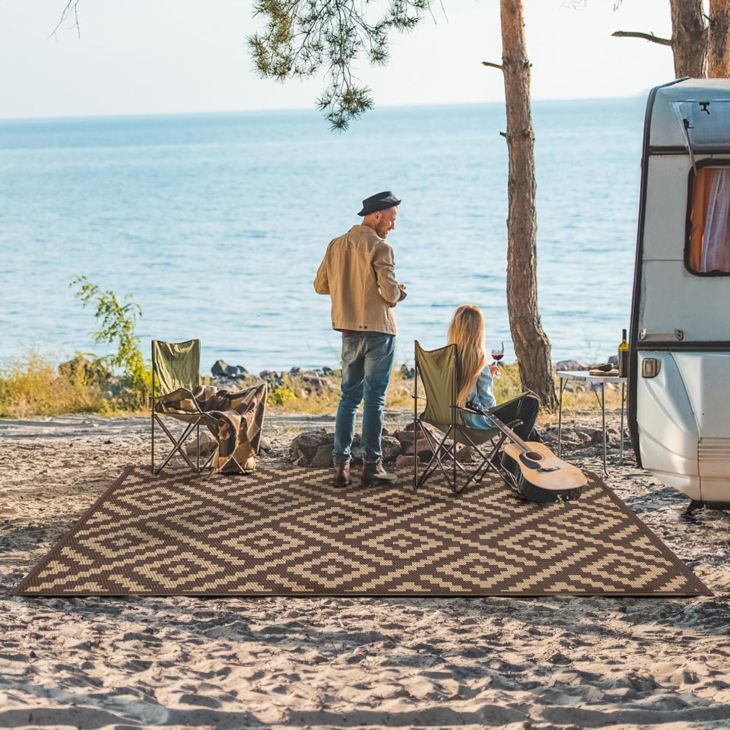GENIMO Rhombic Printed Double Sided Waterproof Outdoor Rug Brown