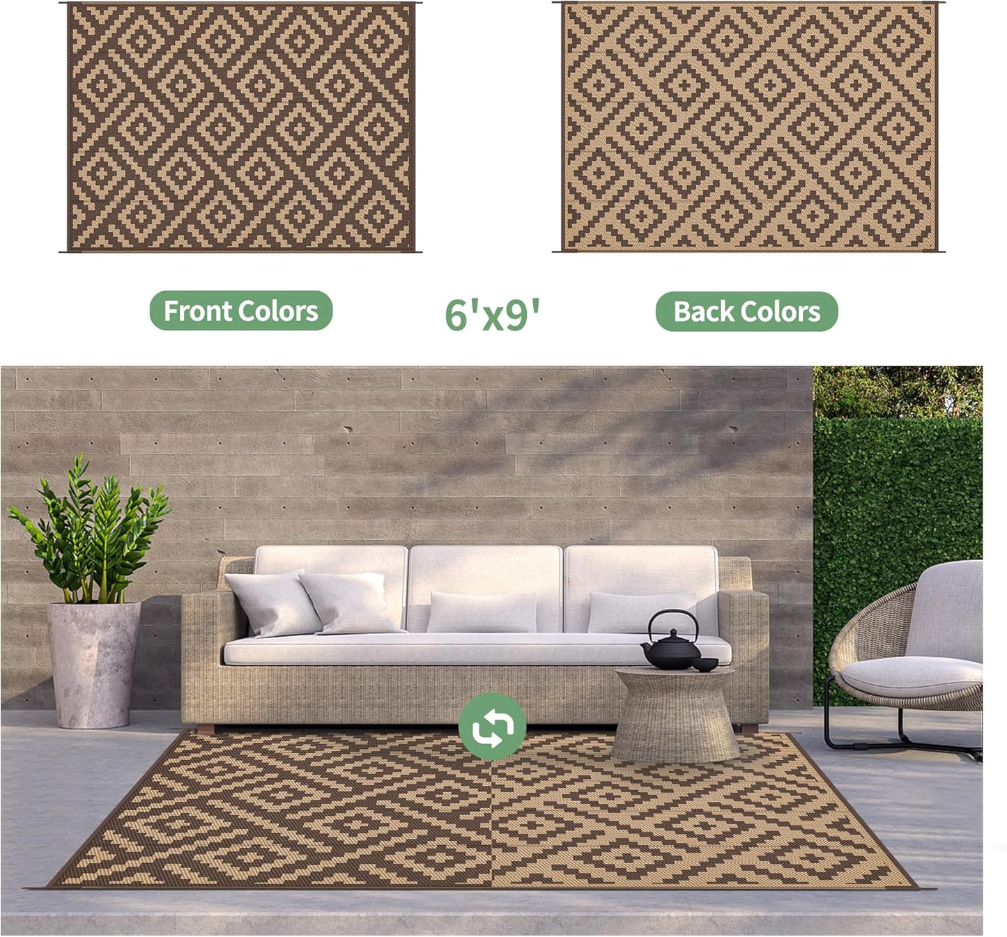 GENIMO Rhombic Printed Double Sided Waterproof Outdoor Rug Brown
