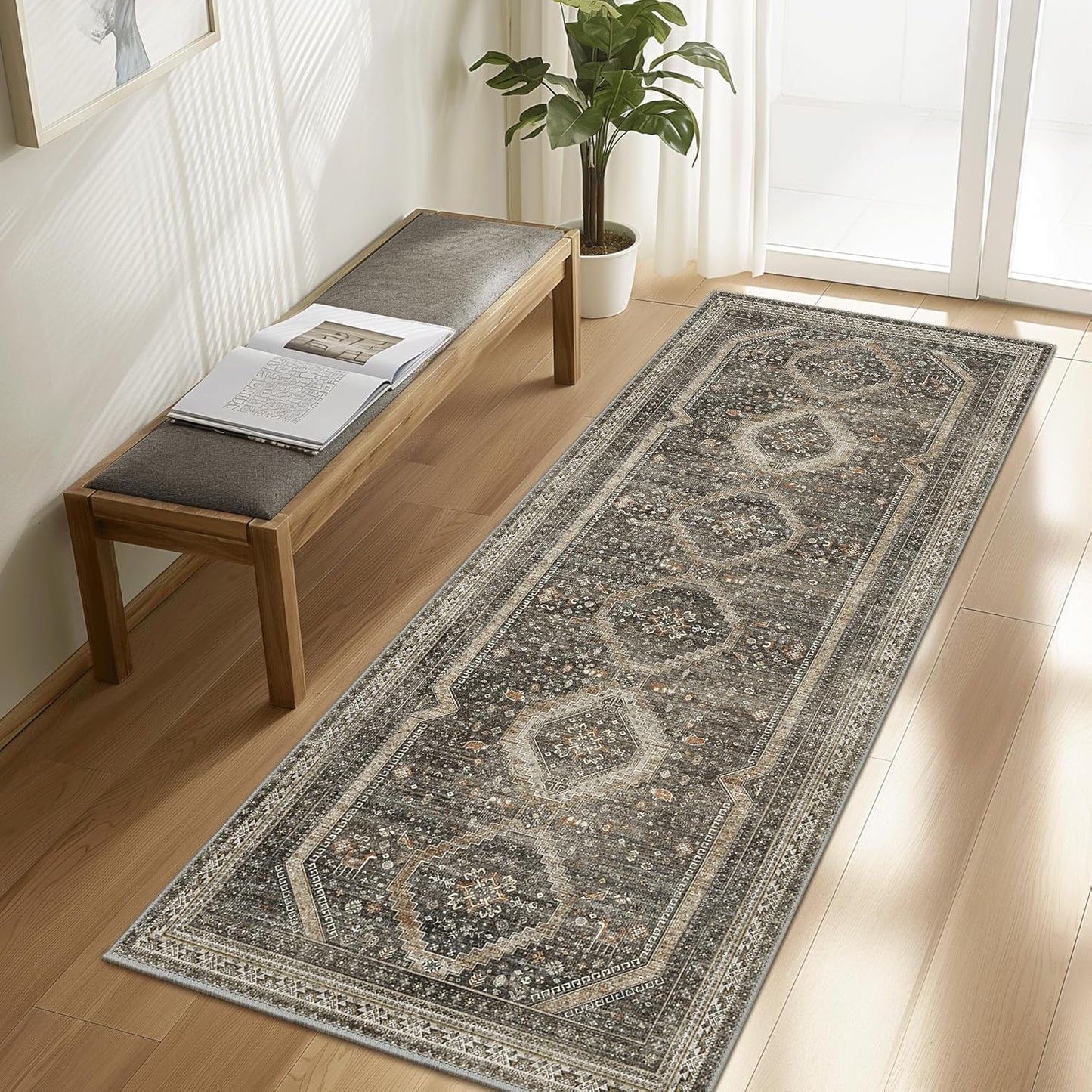 GENIMO Machine Washable Runner Rug Non Slip Carpet with Gripper Brown