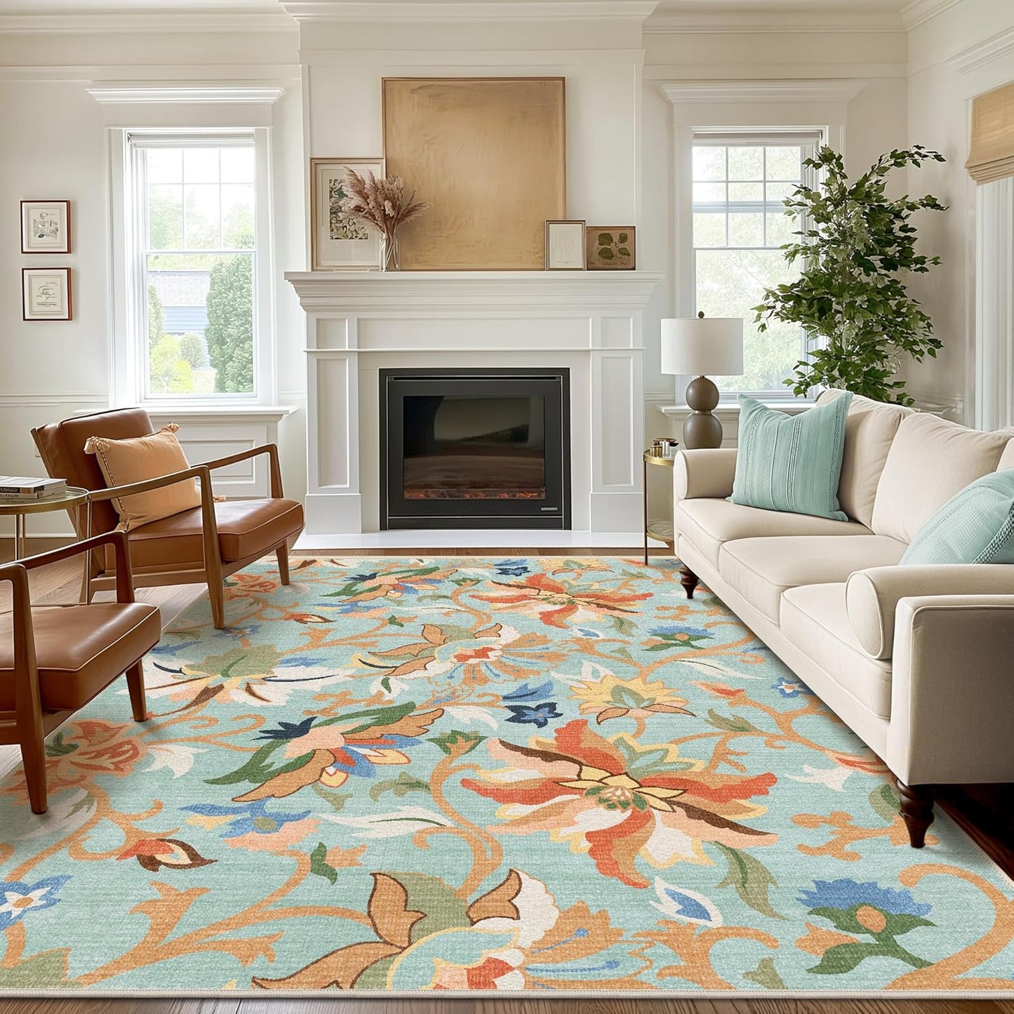 GENIMO Washable Daisy Painted Low Pile Area Rug