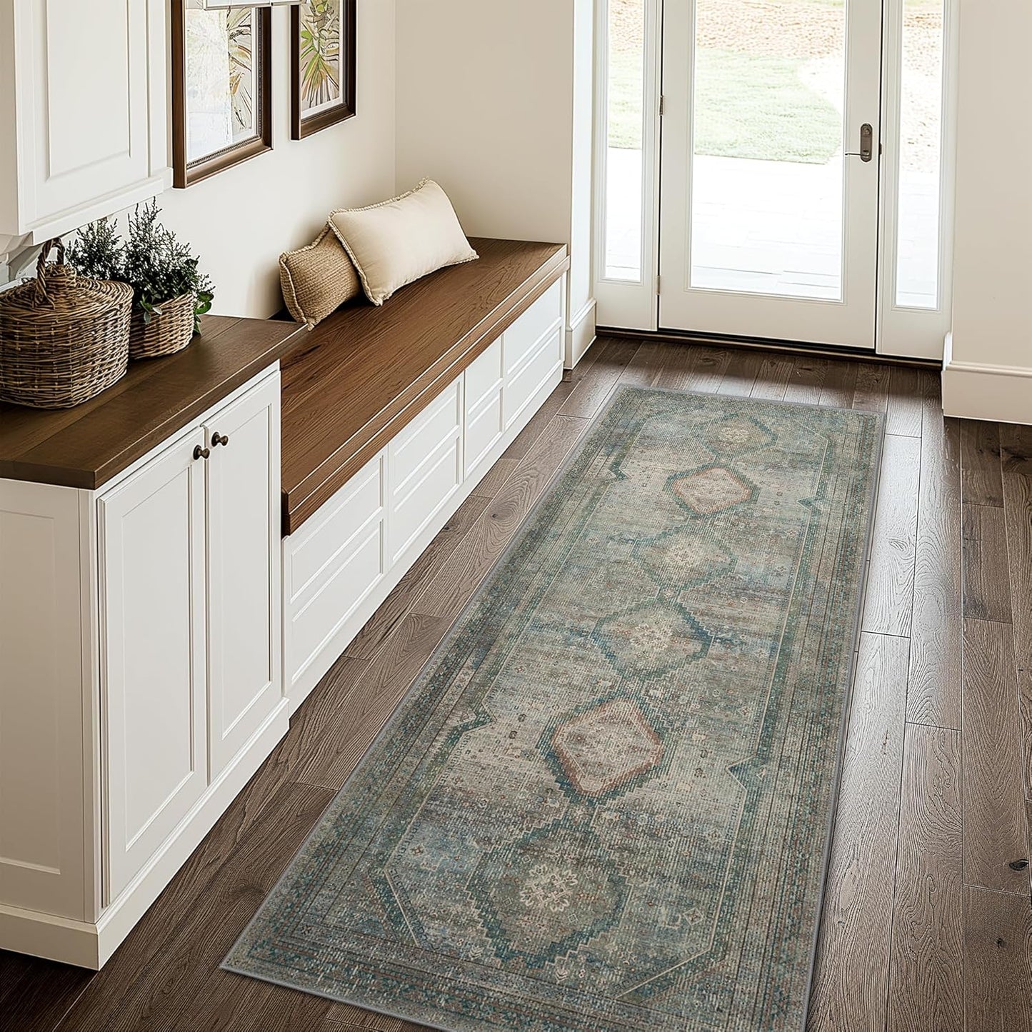 GENIMO Machine Washable Runner Rug Non Slip Carpet with Gripper Green/Blue
