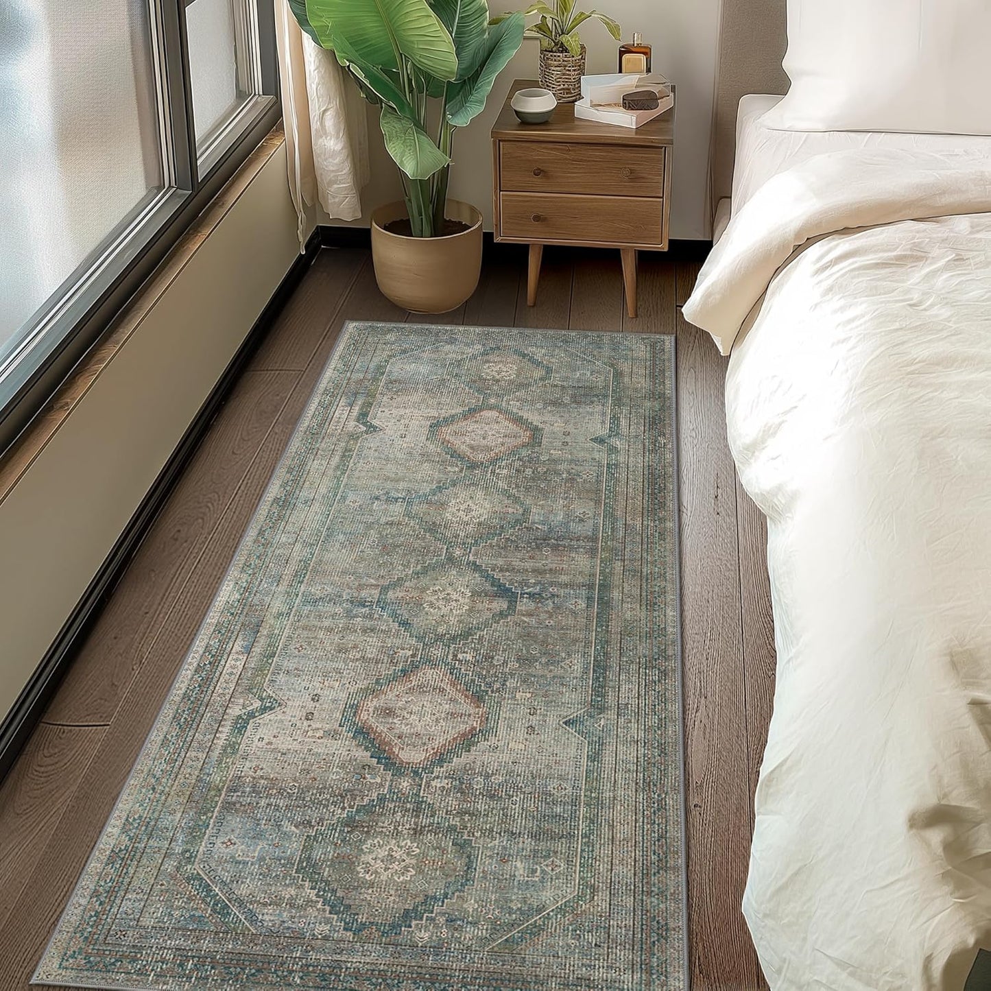 GENIMO Machine Washable Runner Rug Non Slip Carpet with Gripper Green/Blue