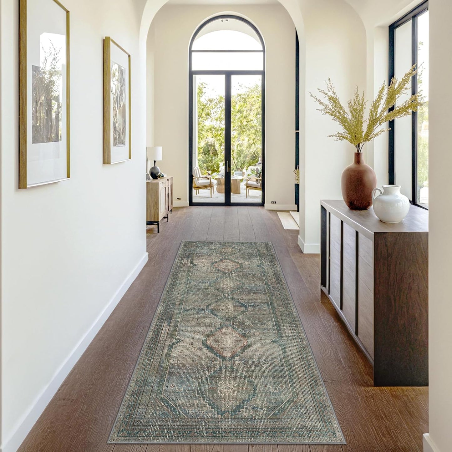 GENIMO Machine Washable Runner Rug Non Slip Carpet with Gripper Green/Blue