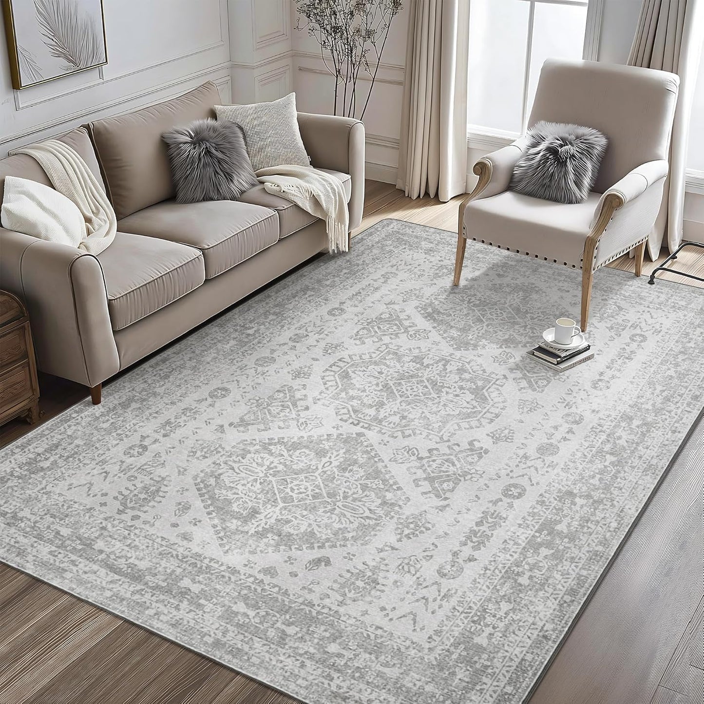 GENIMO Vintage Distressed Print Grey Floral Medallion Accent Area Rug
