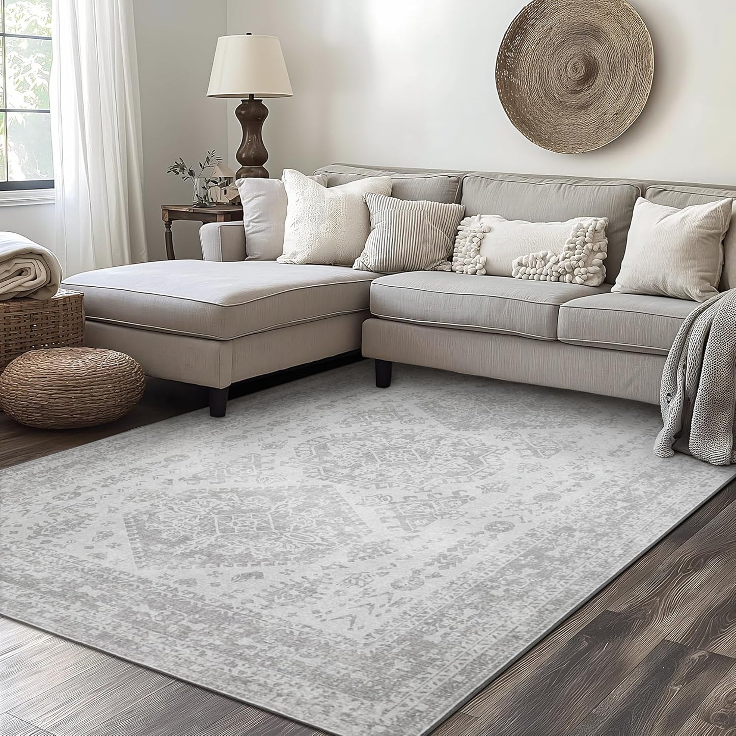 GENIMO Vintage Distressed Print Grey Floral Medallion Accent Area Rug