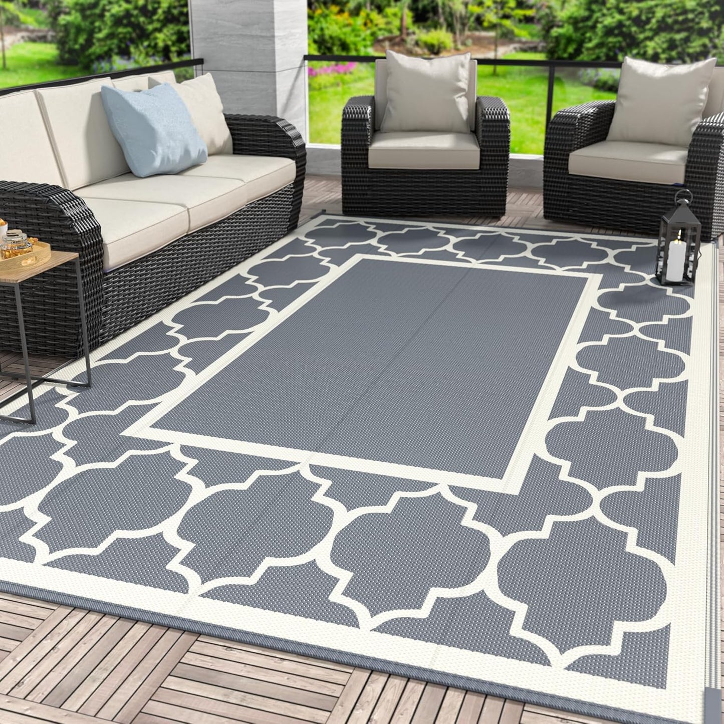GENIMO Symmetrical Geometric Aesthetic Waterproof Reversible Outdoor Rug Gray