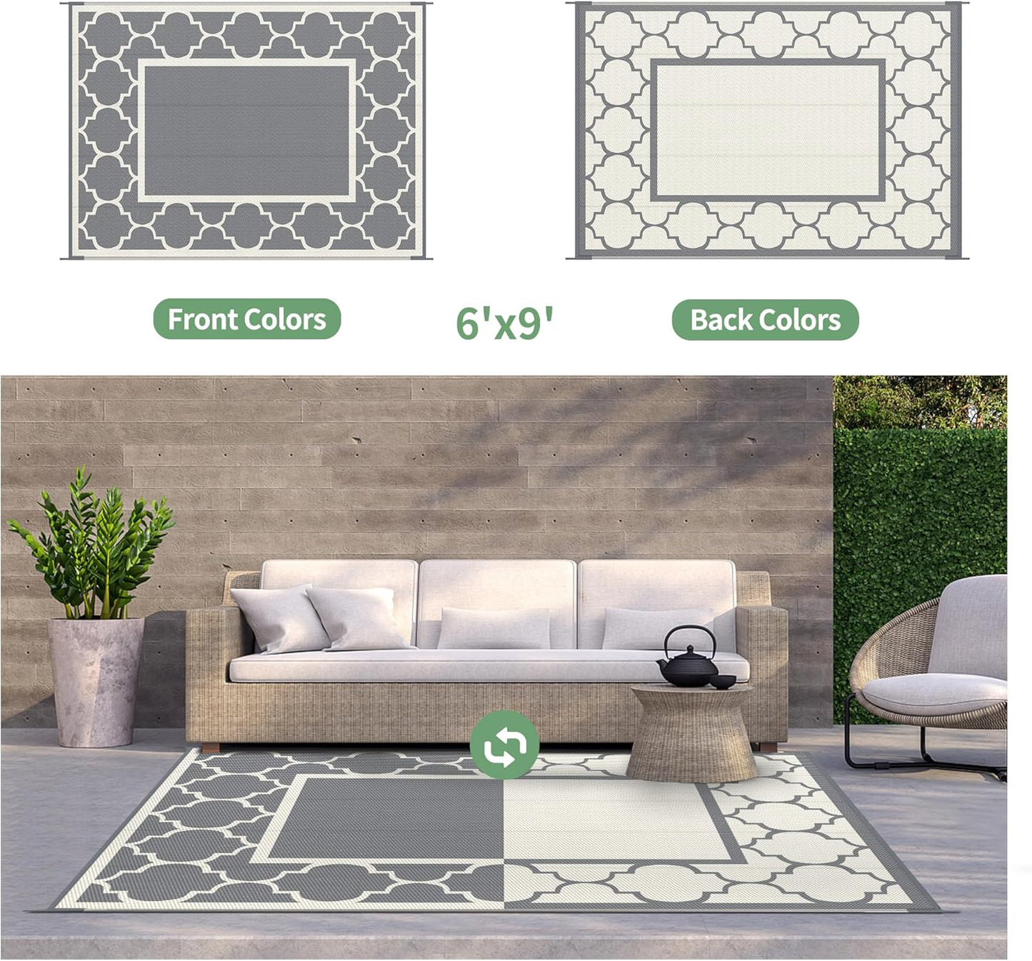 GENIMO Symmetrical Geometric Aesthetic Waterproof Reversible Outdoor Rug Gray