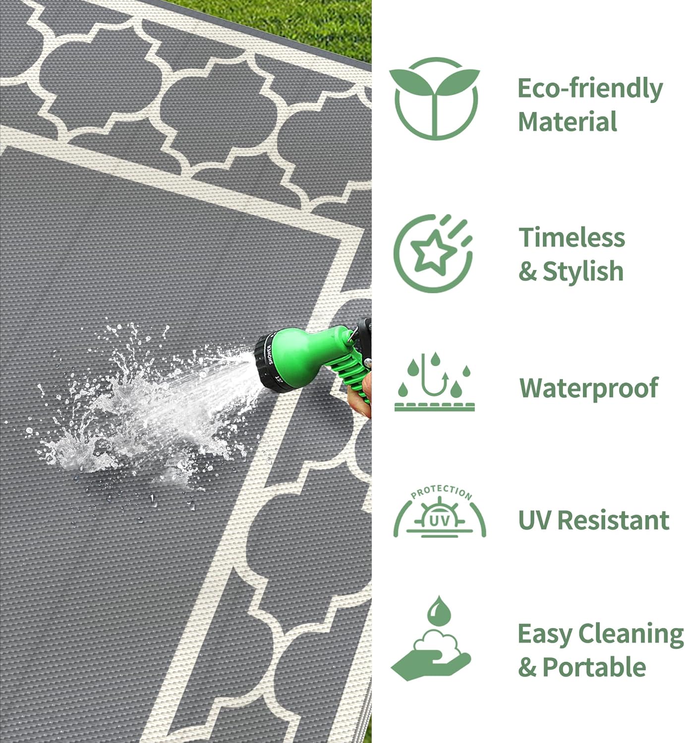 GENIMO Symmetrical Geometric Aesthetic Waterproof Reversible Outdoor Rug Gray