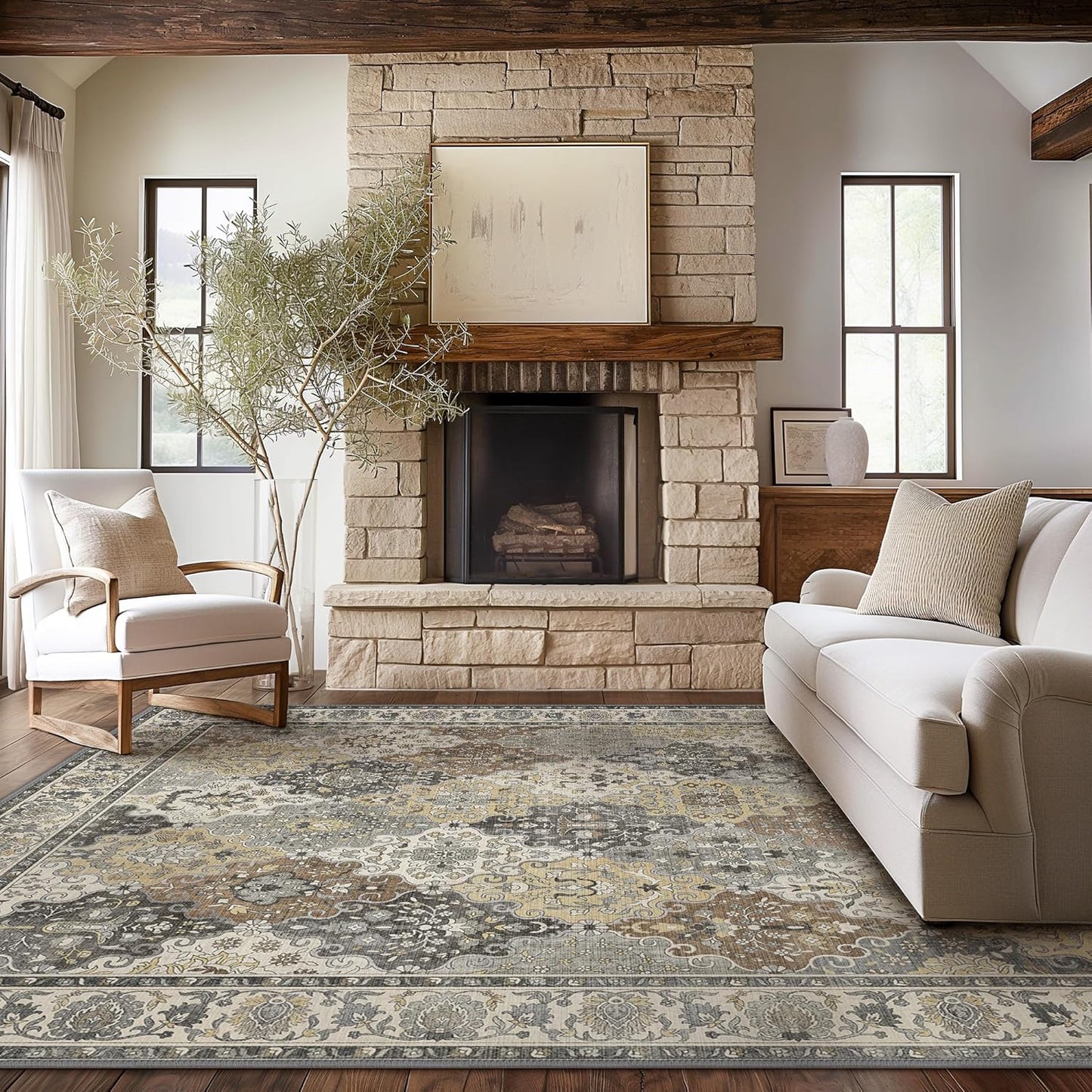 GENIMO Lightweight Vintage Diamond Floral Print Machine Washable Area Rug