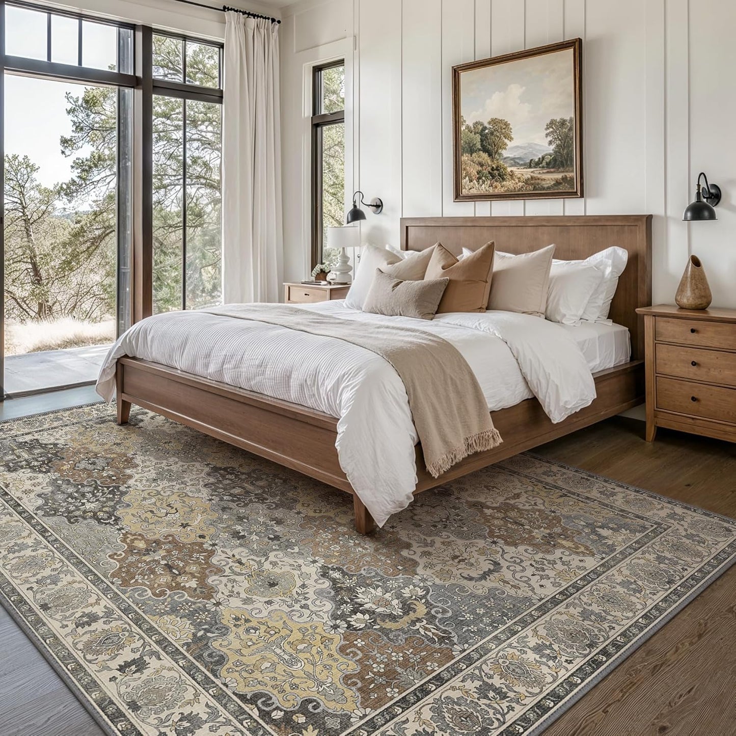 GENIMO Lightweight Vintage Diamond Floral Print Machine Washable Area Rug