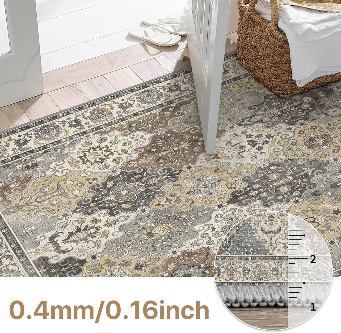GENIMO Lightweight Vintage Diamond Floral Print Machine Washable Area Rug