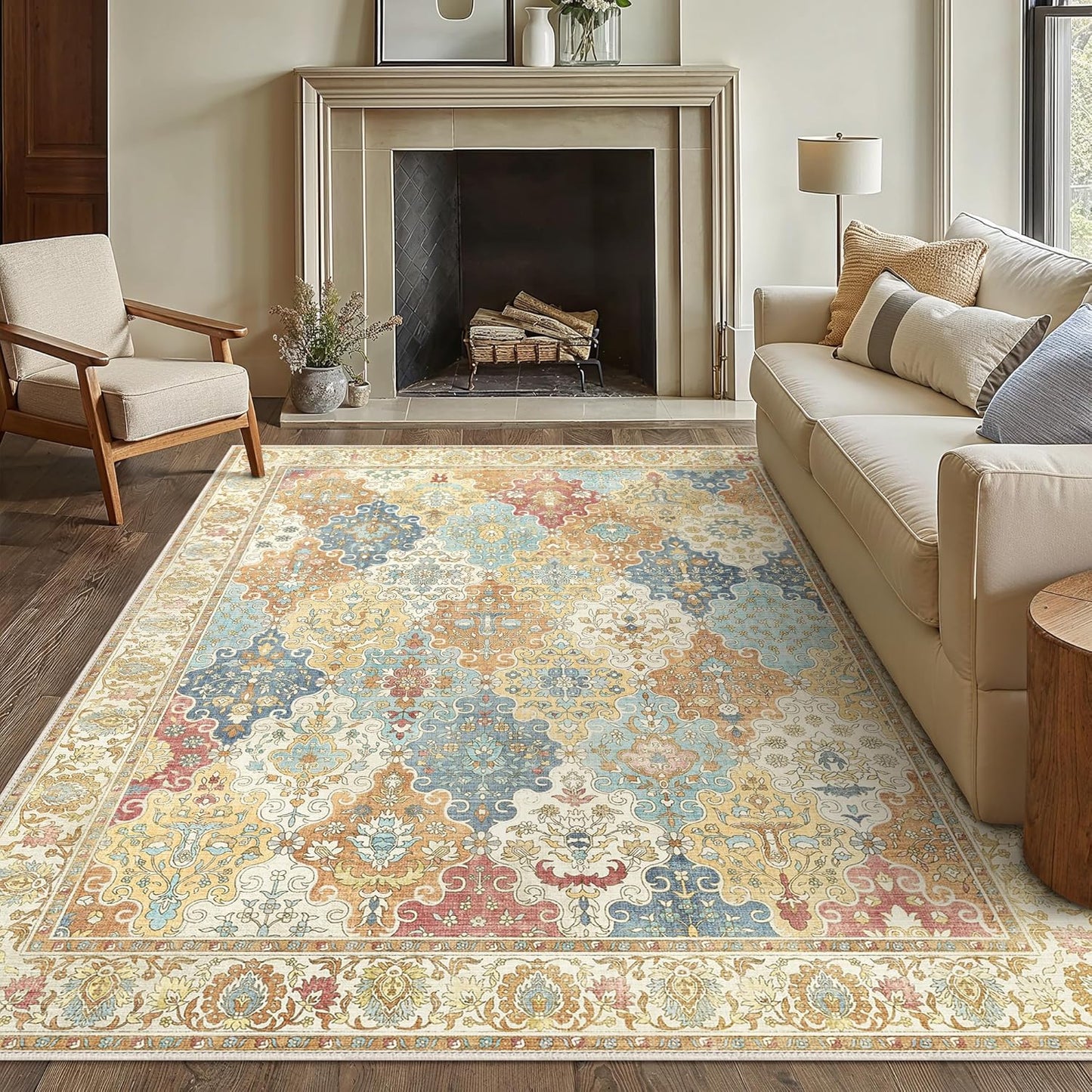 GENIMO Lightweight Vintage Diamond Floral Print Machine Washable Area Rug