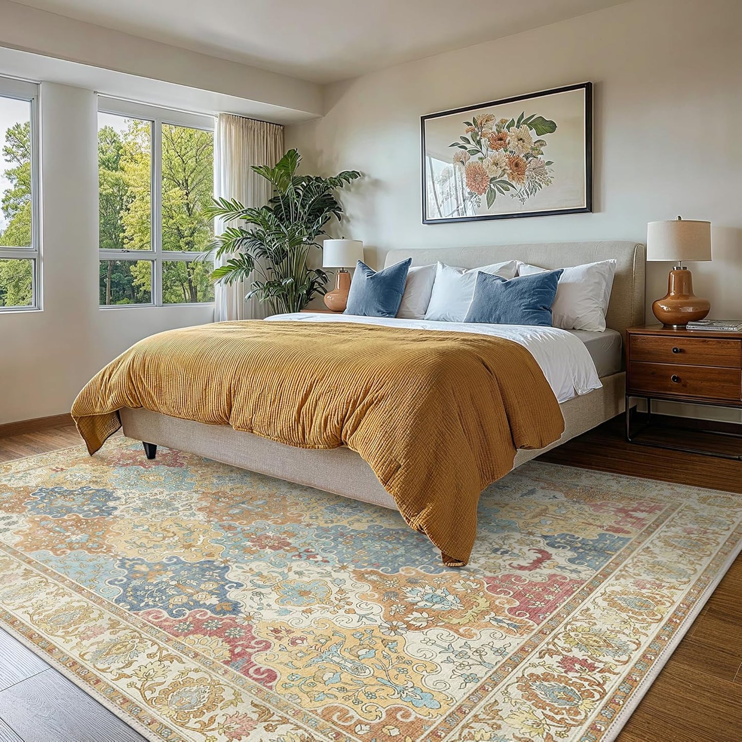 GENIMO Lightweight Vintage Diamond Floral Print Machine Washable Area Rug